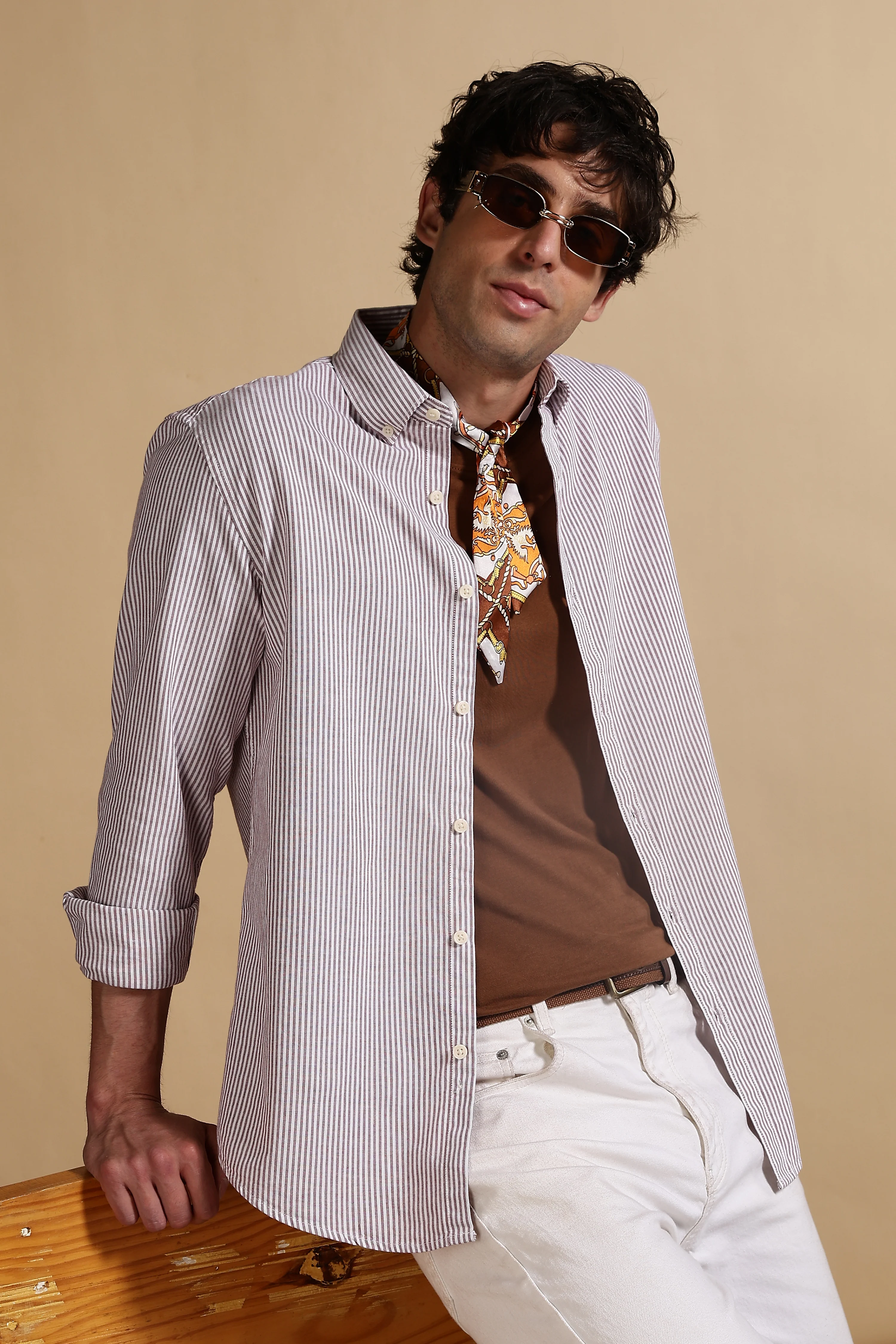 Men Maroon Cotton Oxford Slim Fit Striped Shirt - Image 11