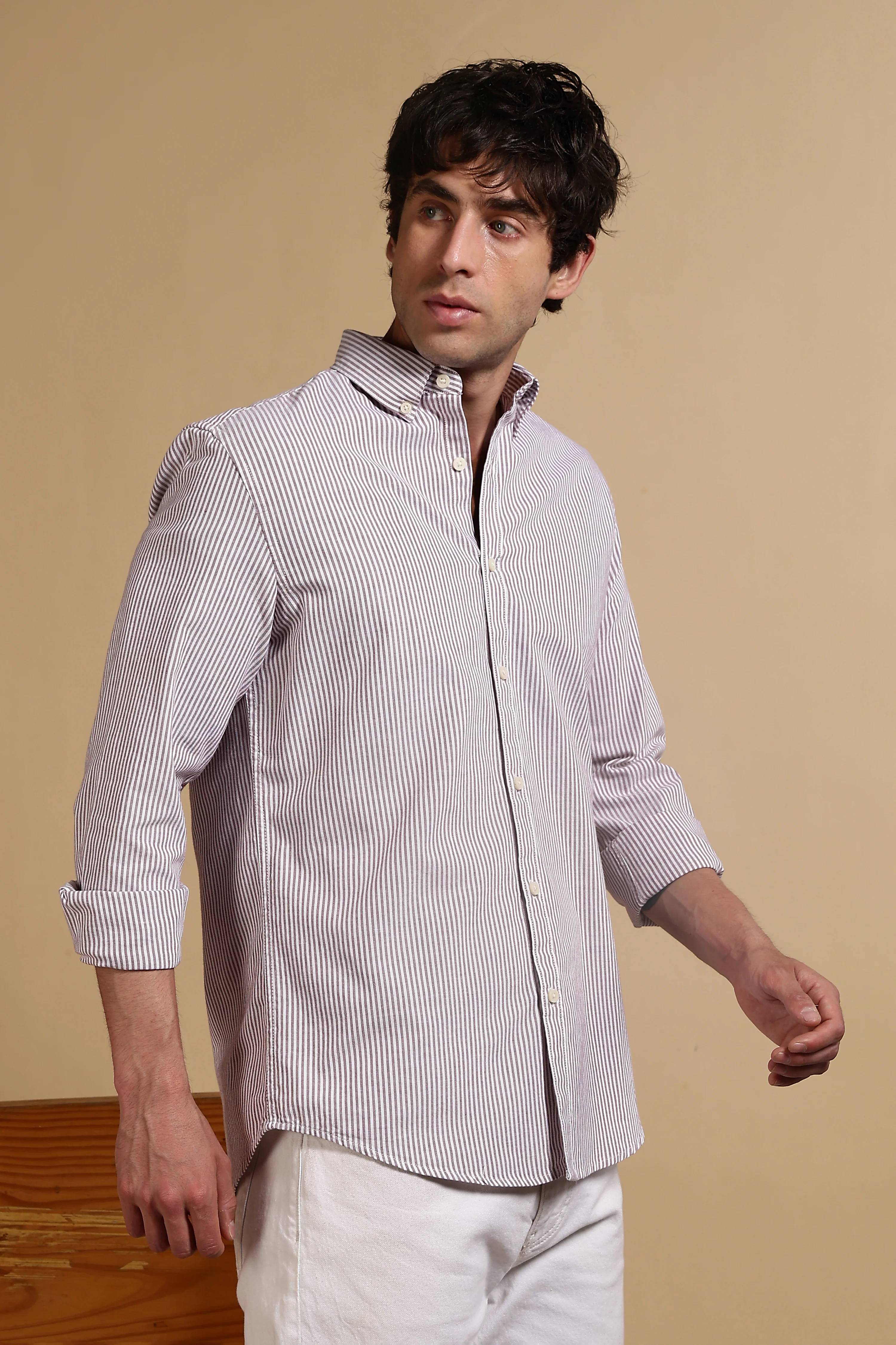 Men Maroon Cotton Oxford Slim Fit Striped Shirt - Image 3