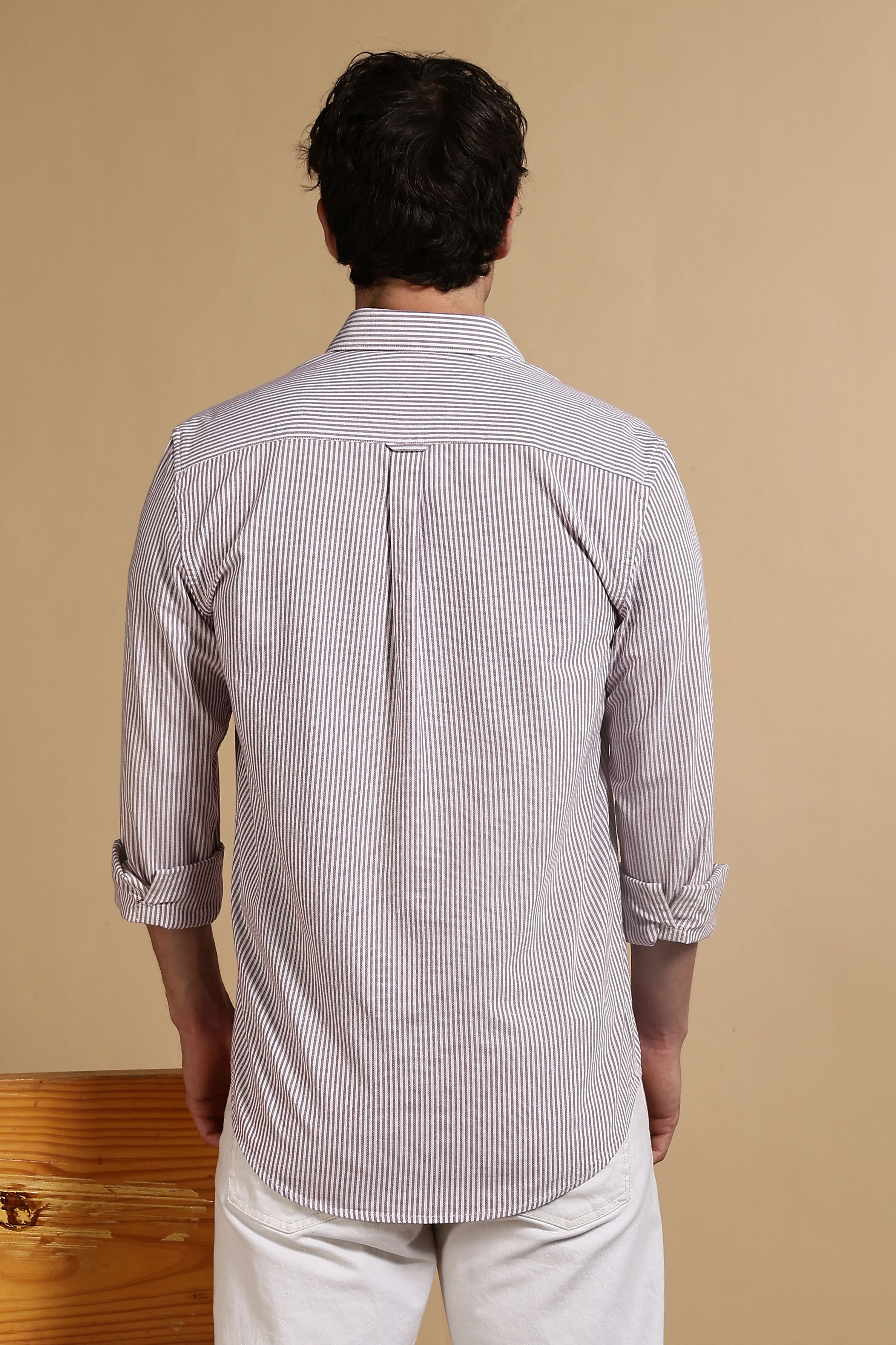 Men Maroon Cotton Oxford Slim Fit Striped Shirt - Image 4