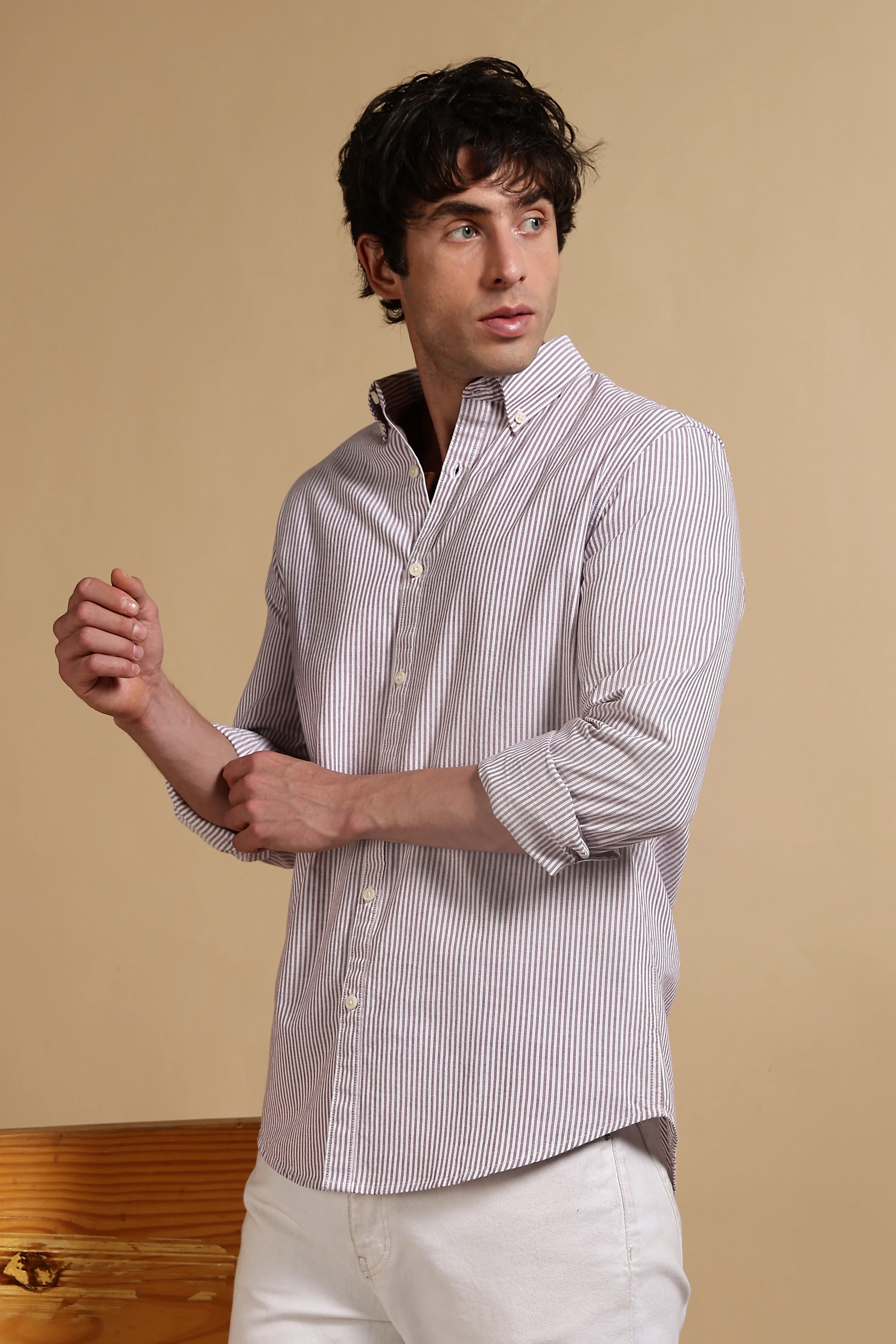 Men Maroon Cotton Oxford Slim Fit Striped Shirt - Image 5