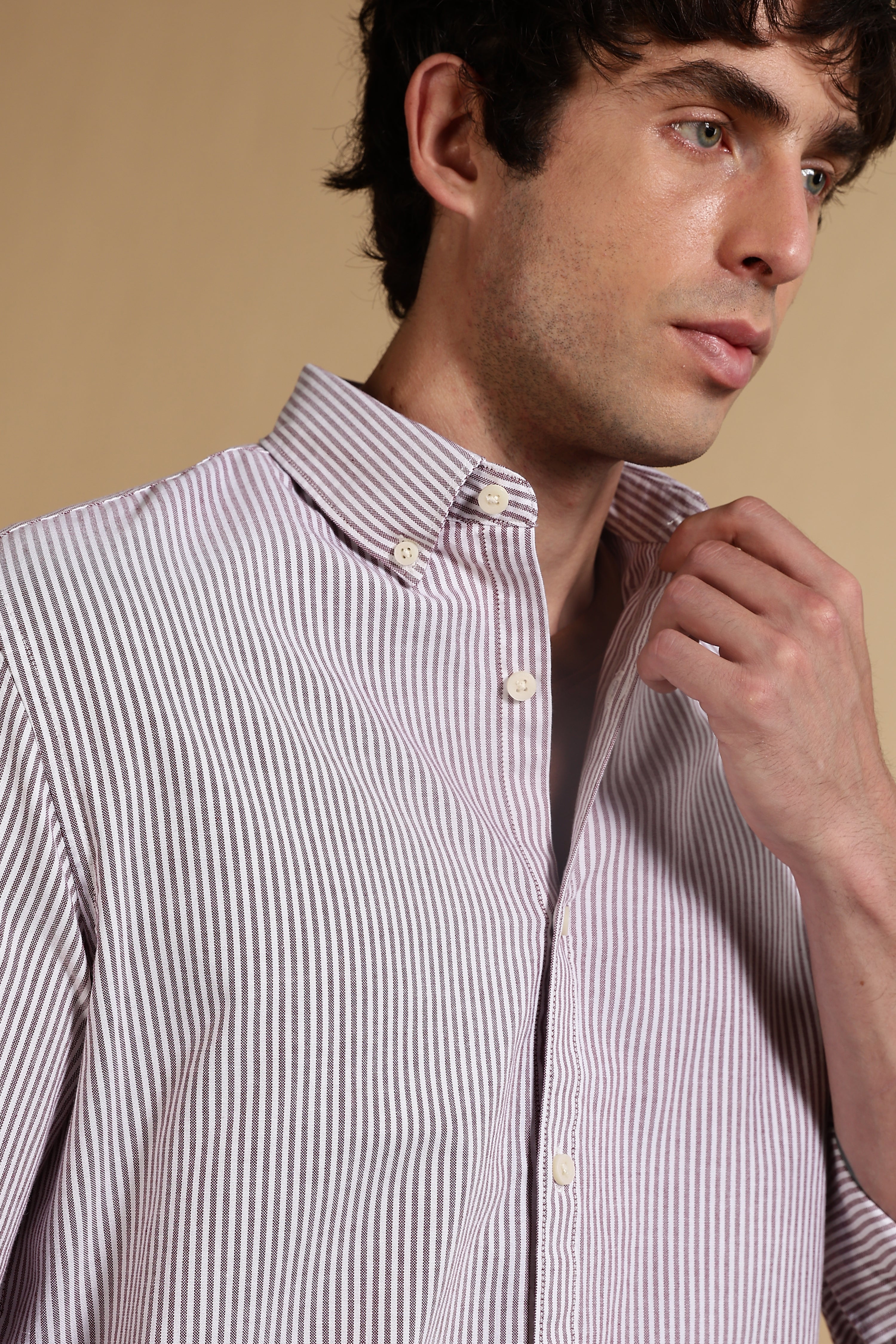 Men Maroon Cotton Oxford Slim Fit Striped Shirt - Image 7