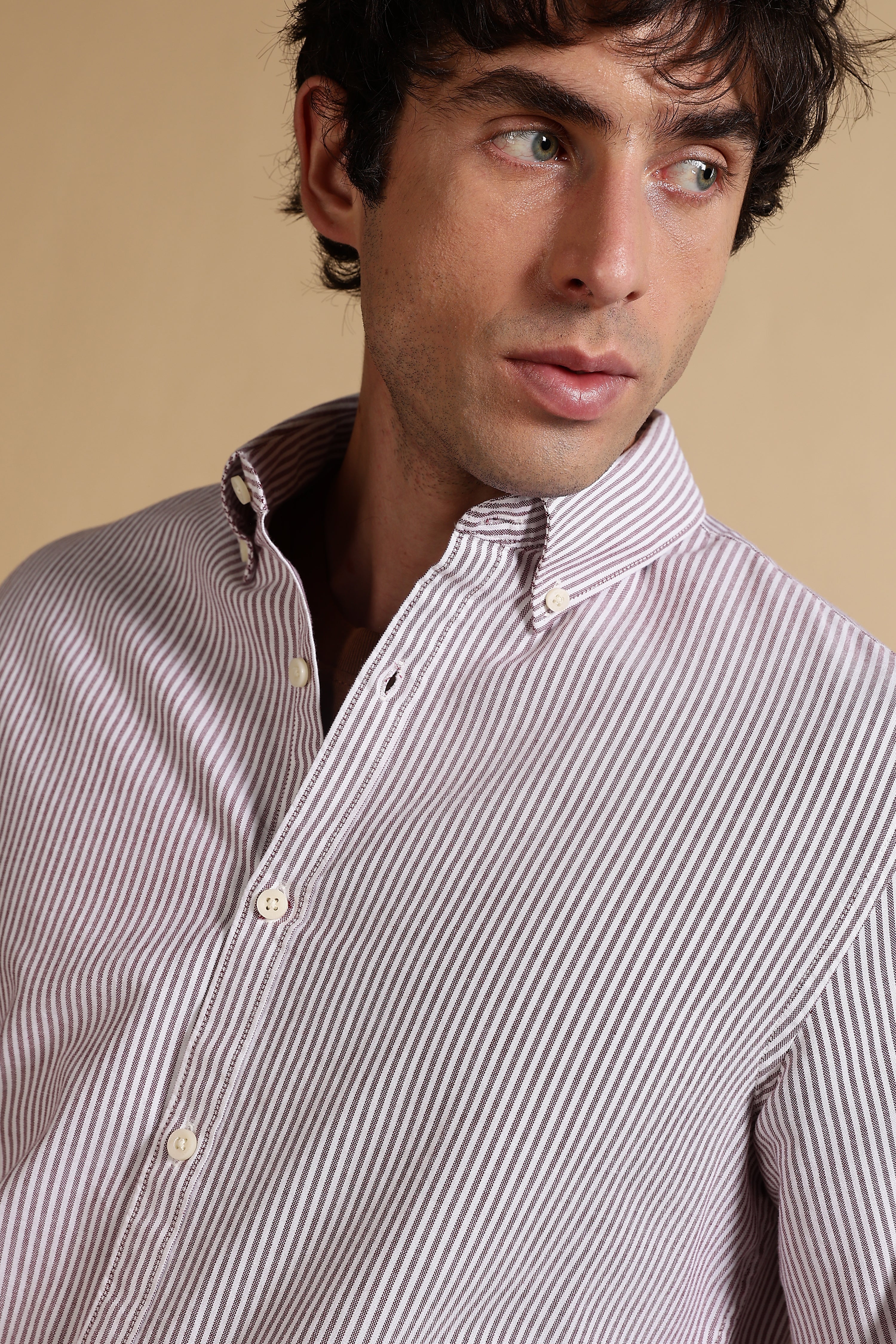 Men Maroon Cotton Oxford Slim Fit Striped Shirt - Image 8
