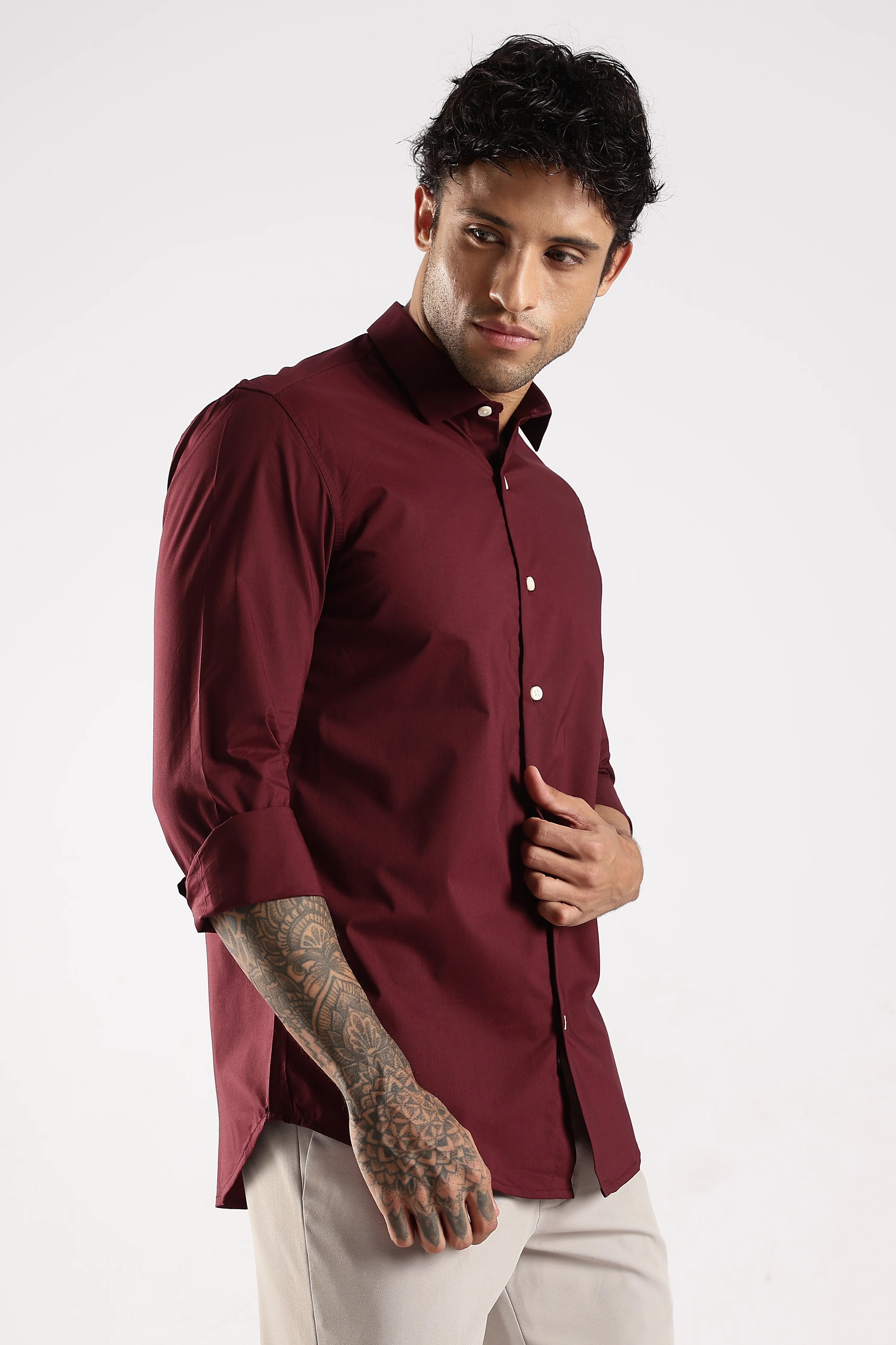 Men Maroon Cotton Slim Fit Shirt - Image 3