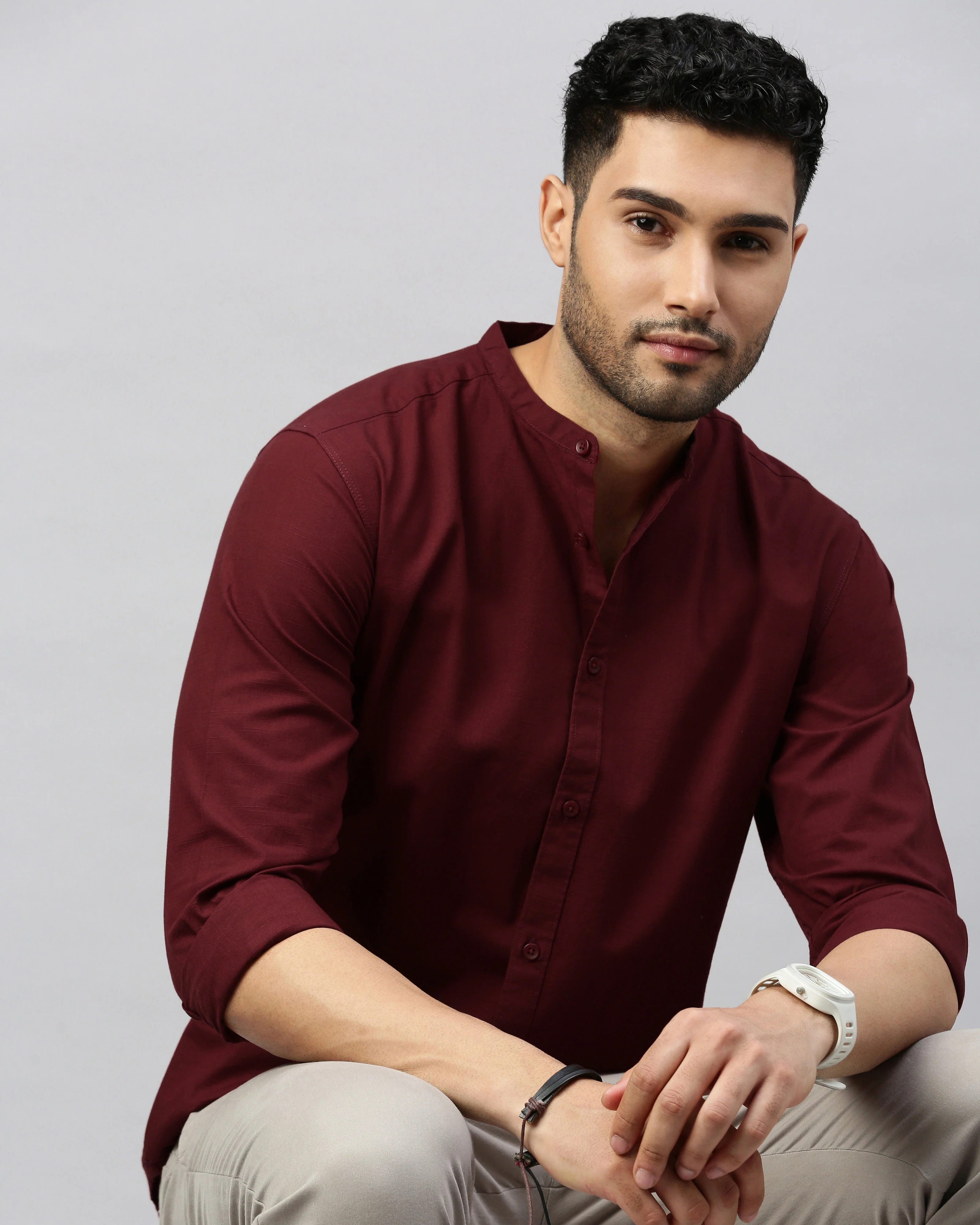Men Maroon Cotton Slim Shirt - Image 3