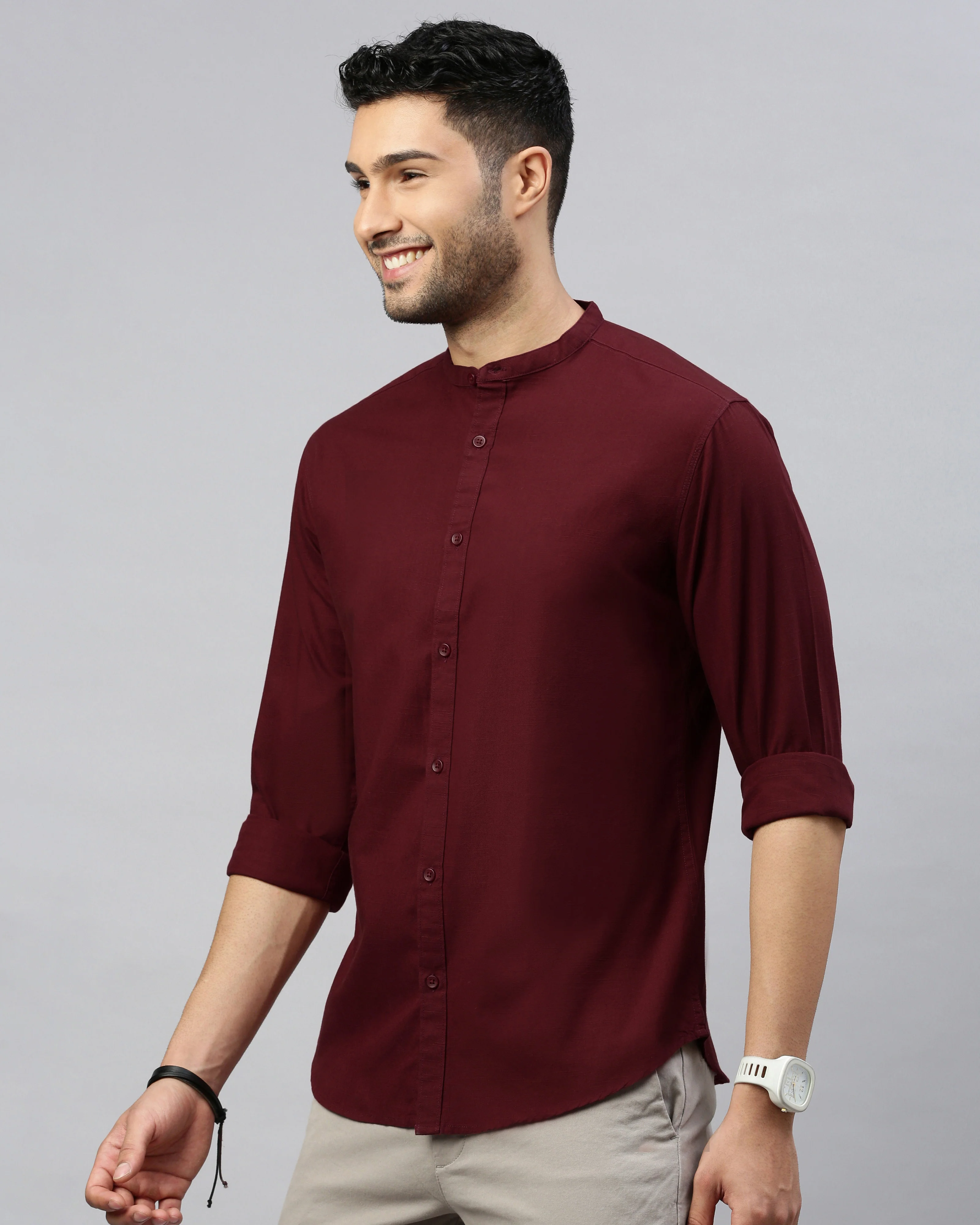 Men Maroon Cotton Slim Shirt - Image 4