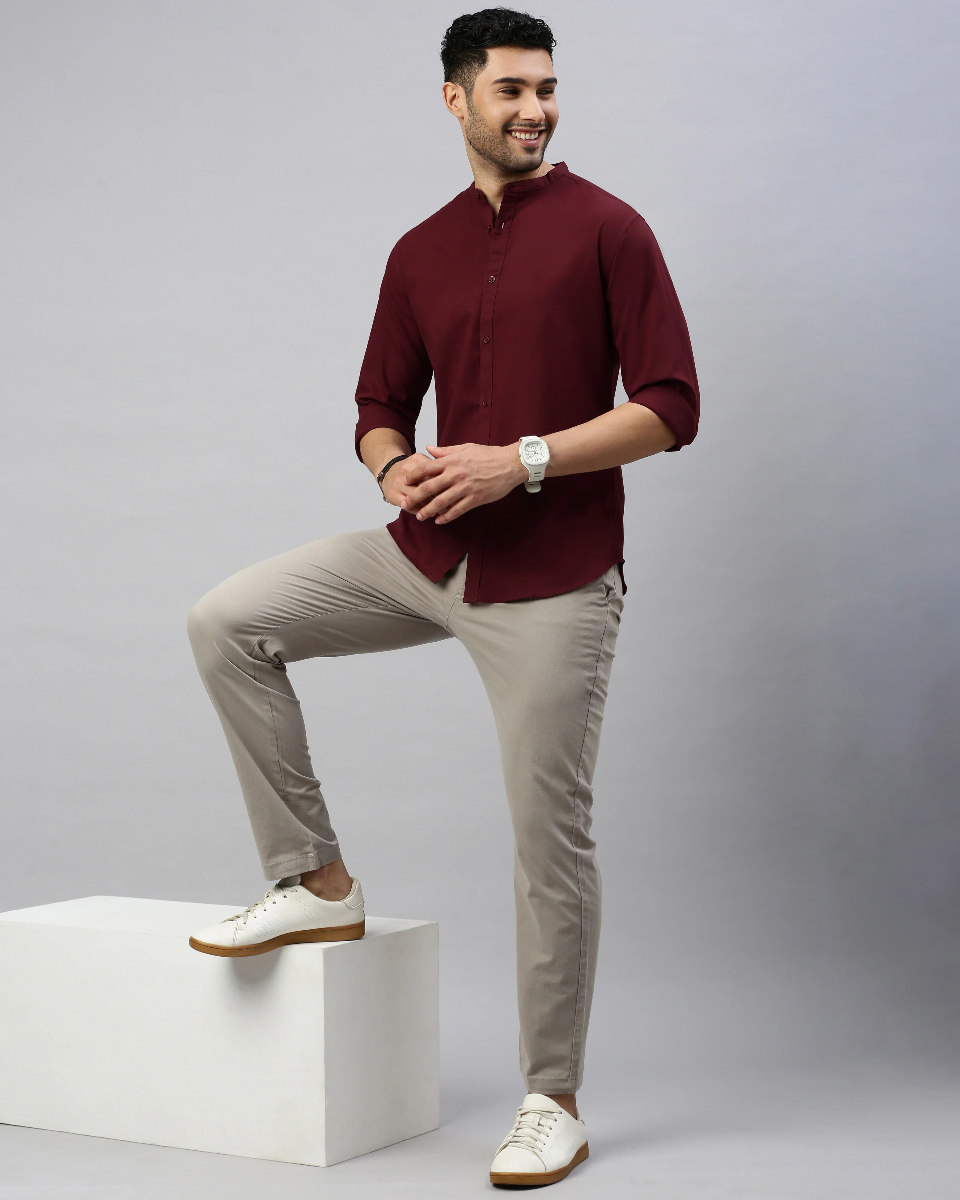 Men Maroon Cotton Slim Shirt - Image 7