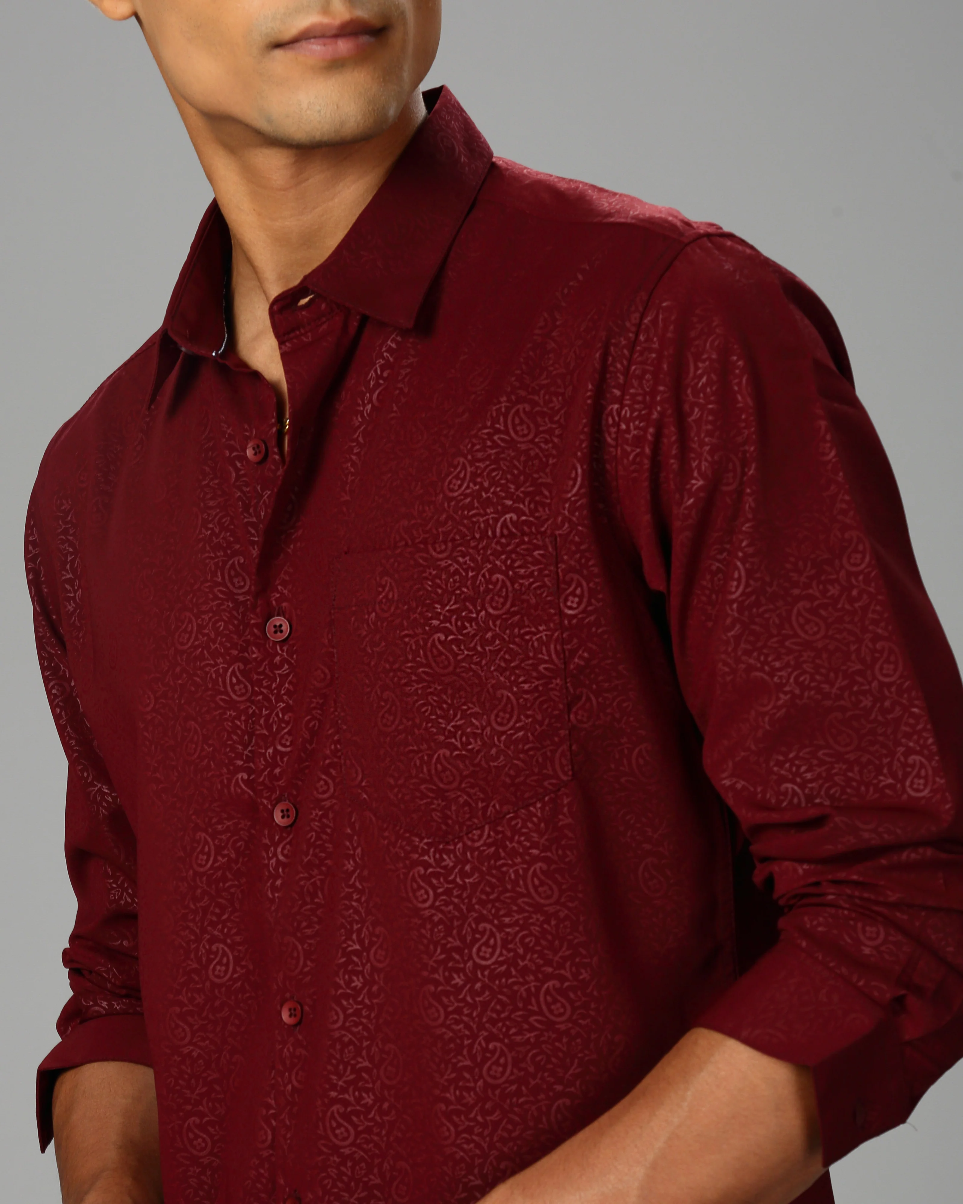 Men Maroon Cotton Slim Shirt - Image 3