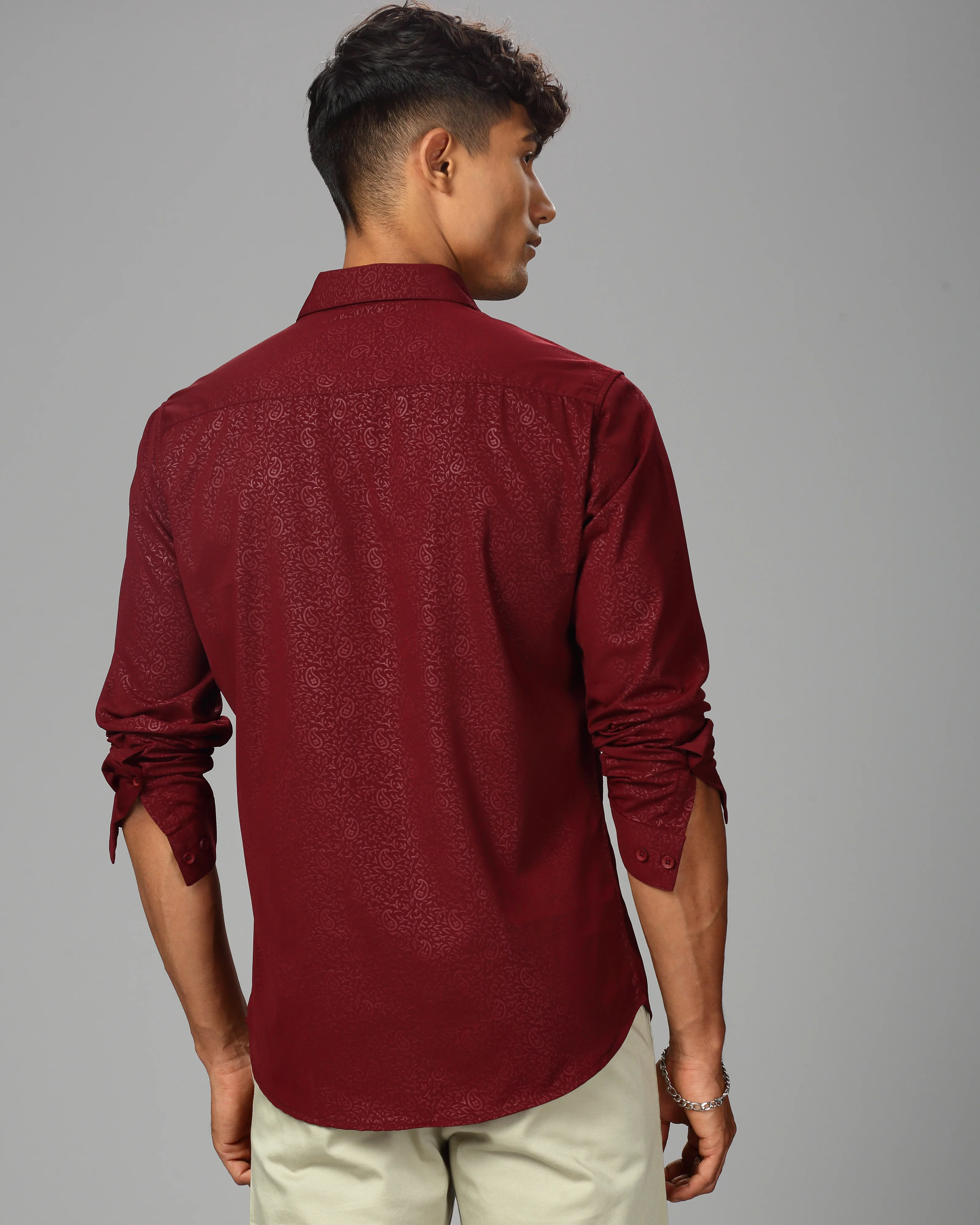 Men Maroon Cotton Slim Shirt - Image 4