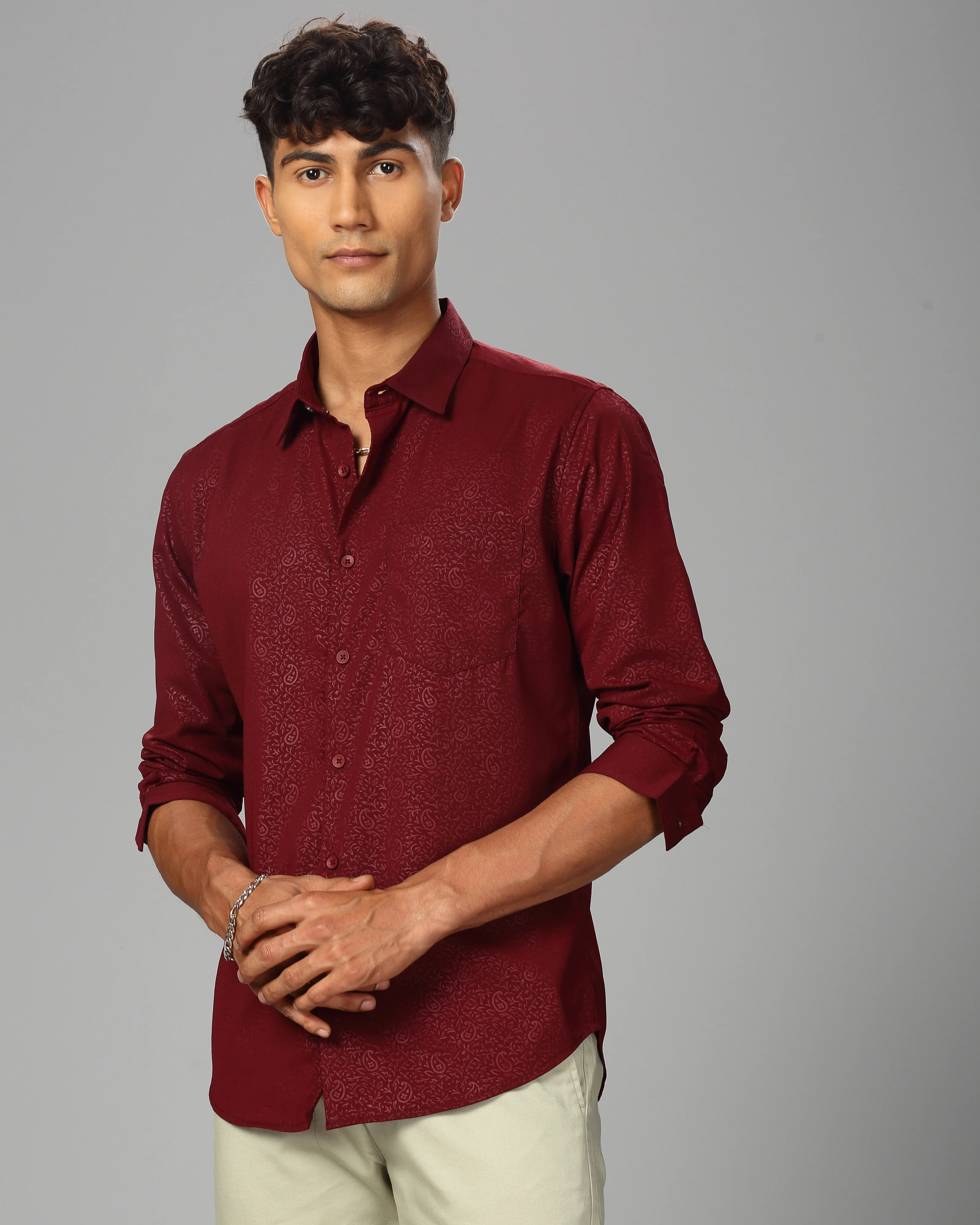 Men Maroon Cotton Slim Shirt - Image 5