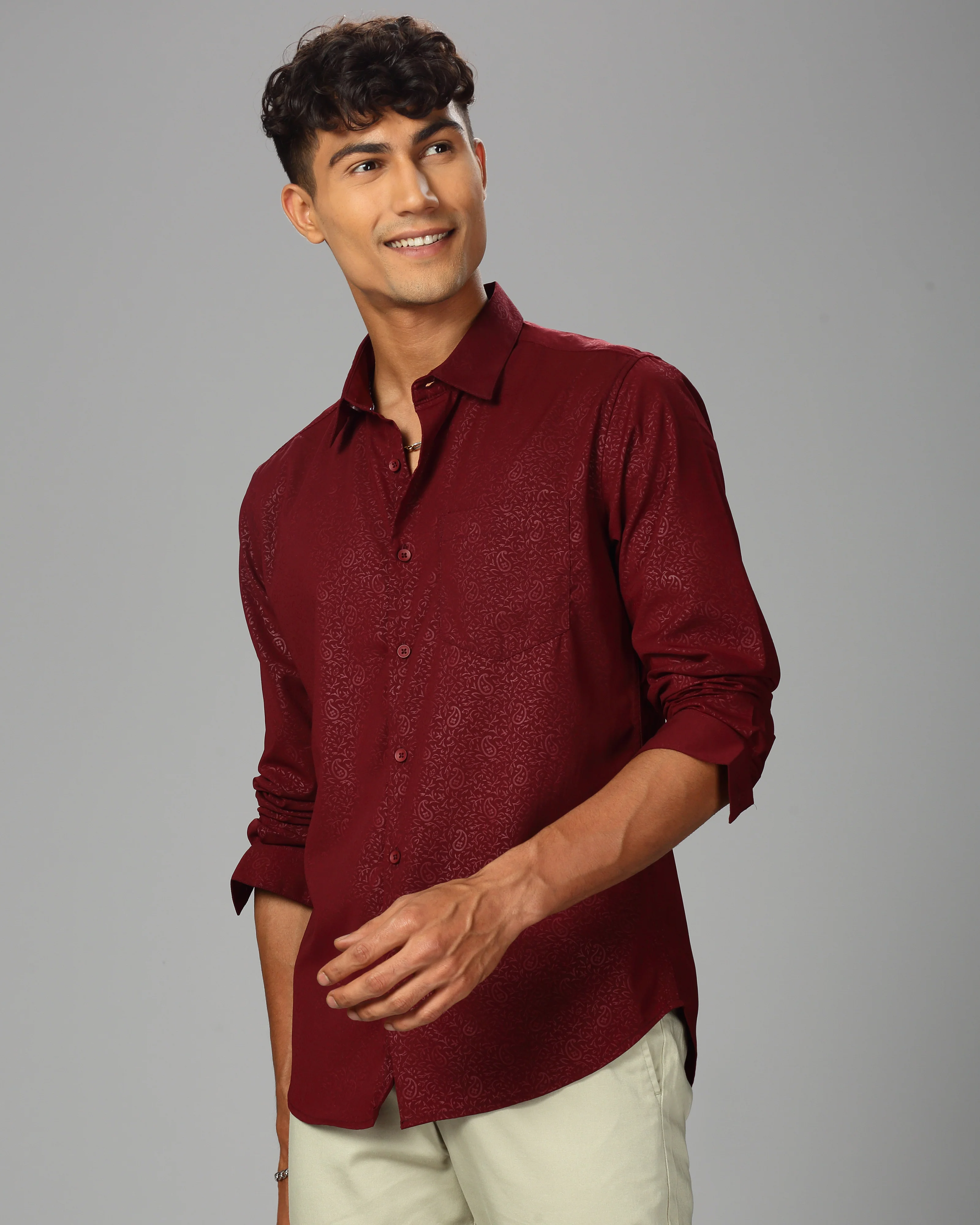 Men Maroon Cotton Slim Shirt - Image 6