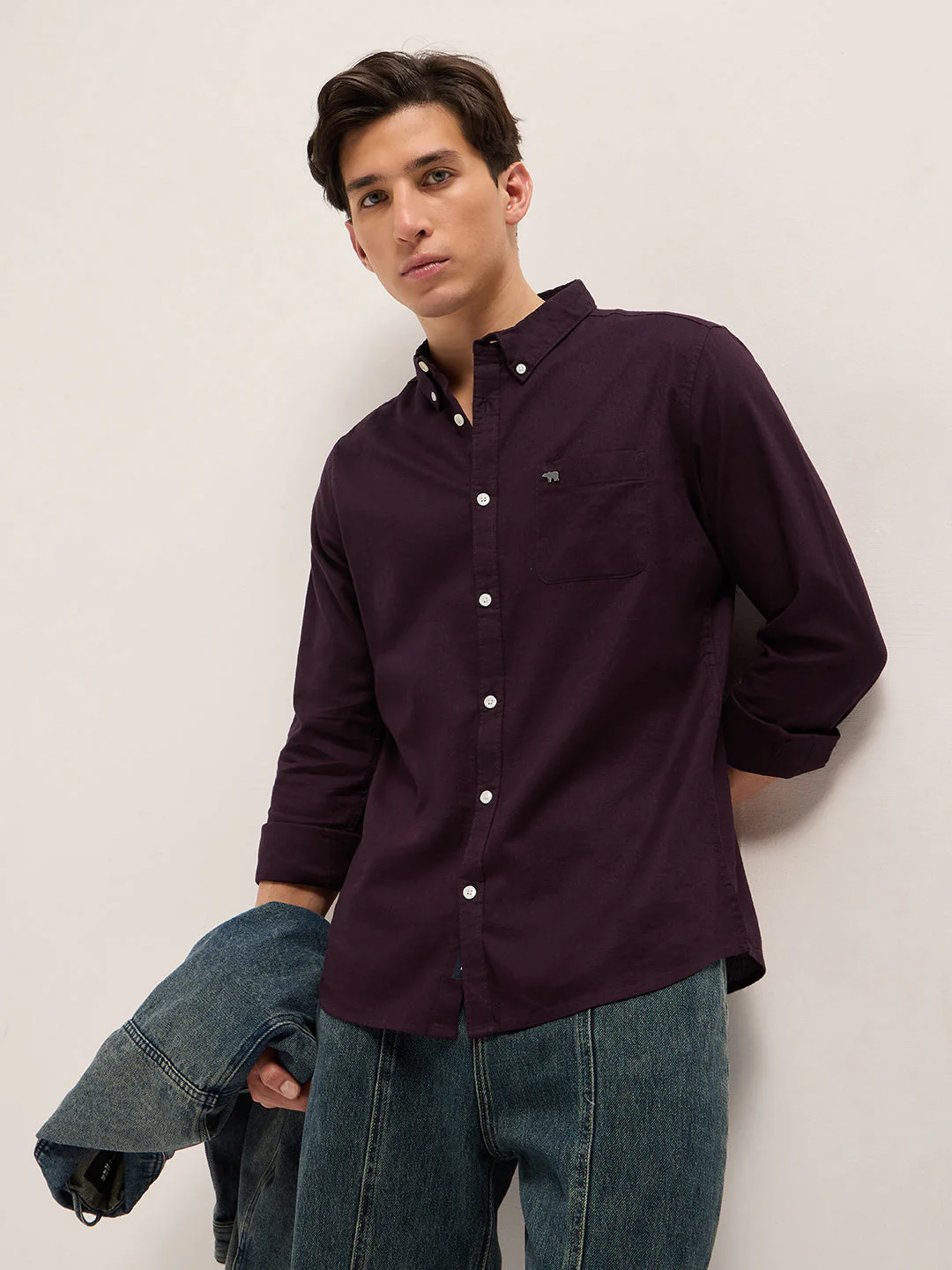 Men Maroon Cotton Solid Slim Fit Casual Shirt