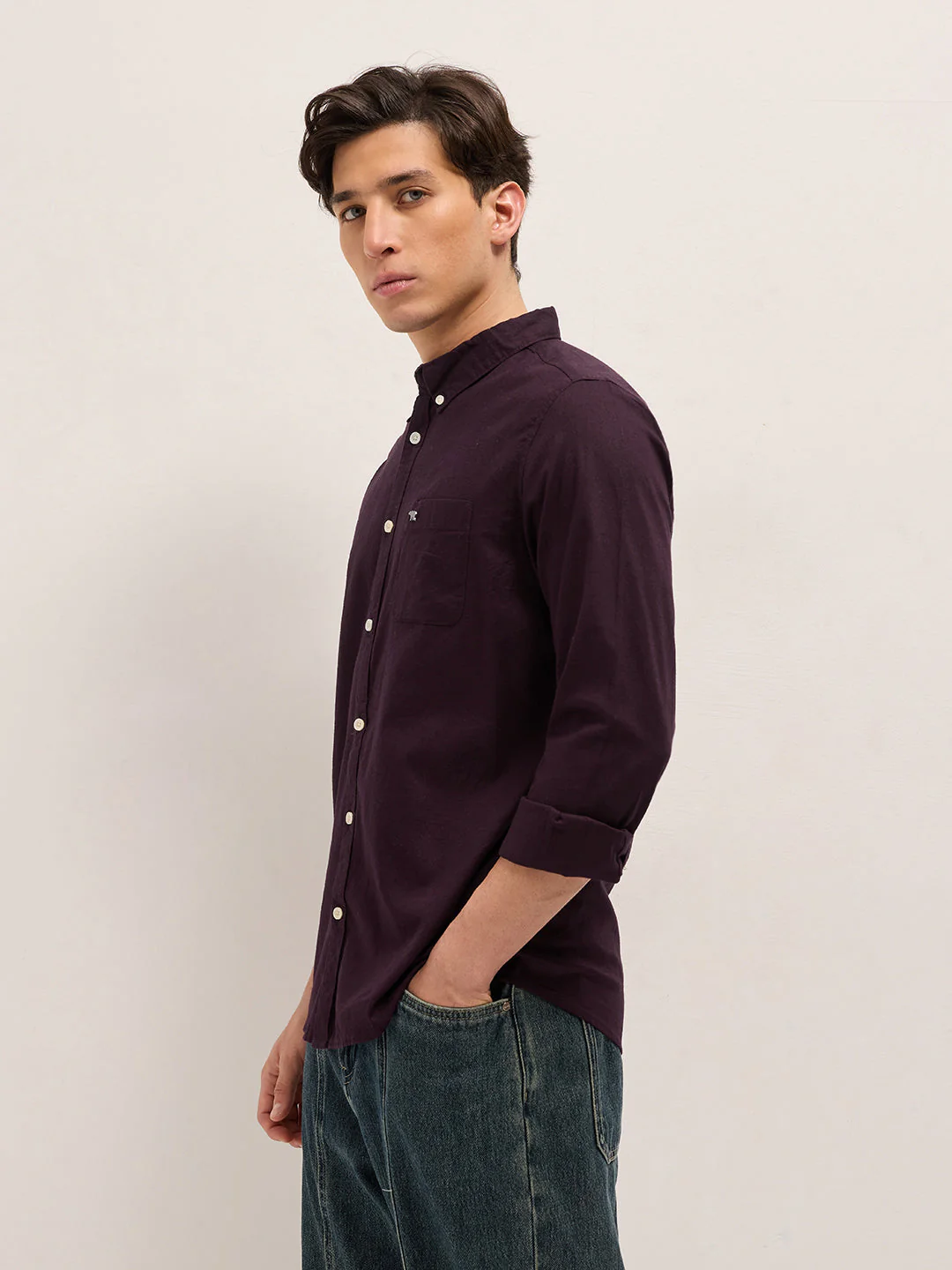 Men Maroon Cotton Solid Slim Fit Casual Shirt - Image 3