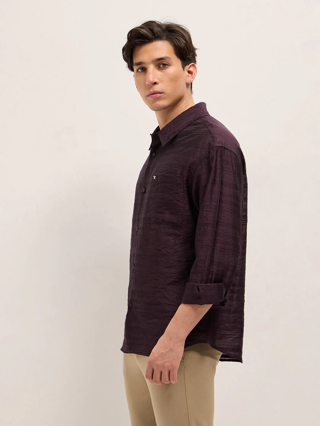 Men Maroon Crinkled Horizontal Textured Stripe Relaxed Fit Casual Shirt - Image 3