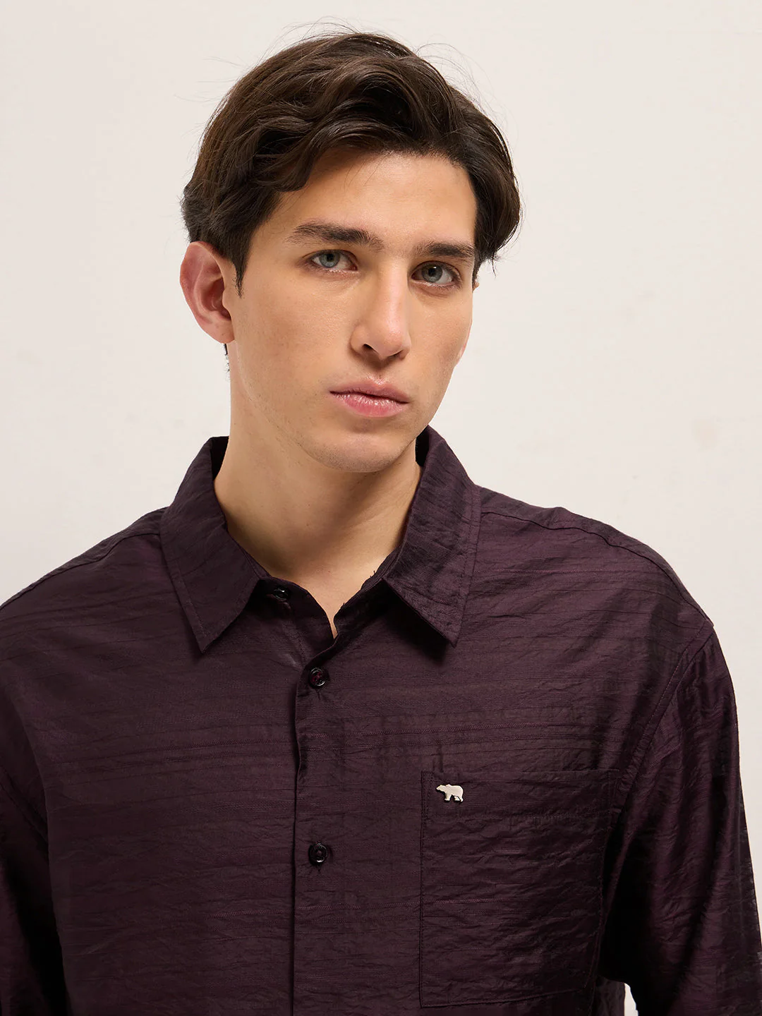 Men Maroon Crinkled Horizontal Textured Stripe Relaxed Fit Casual Shirt - Image 5