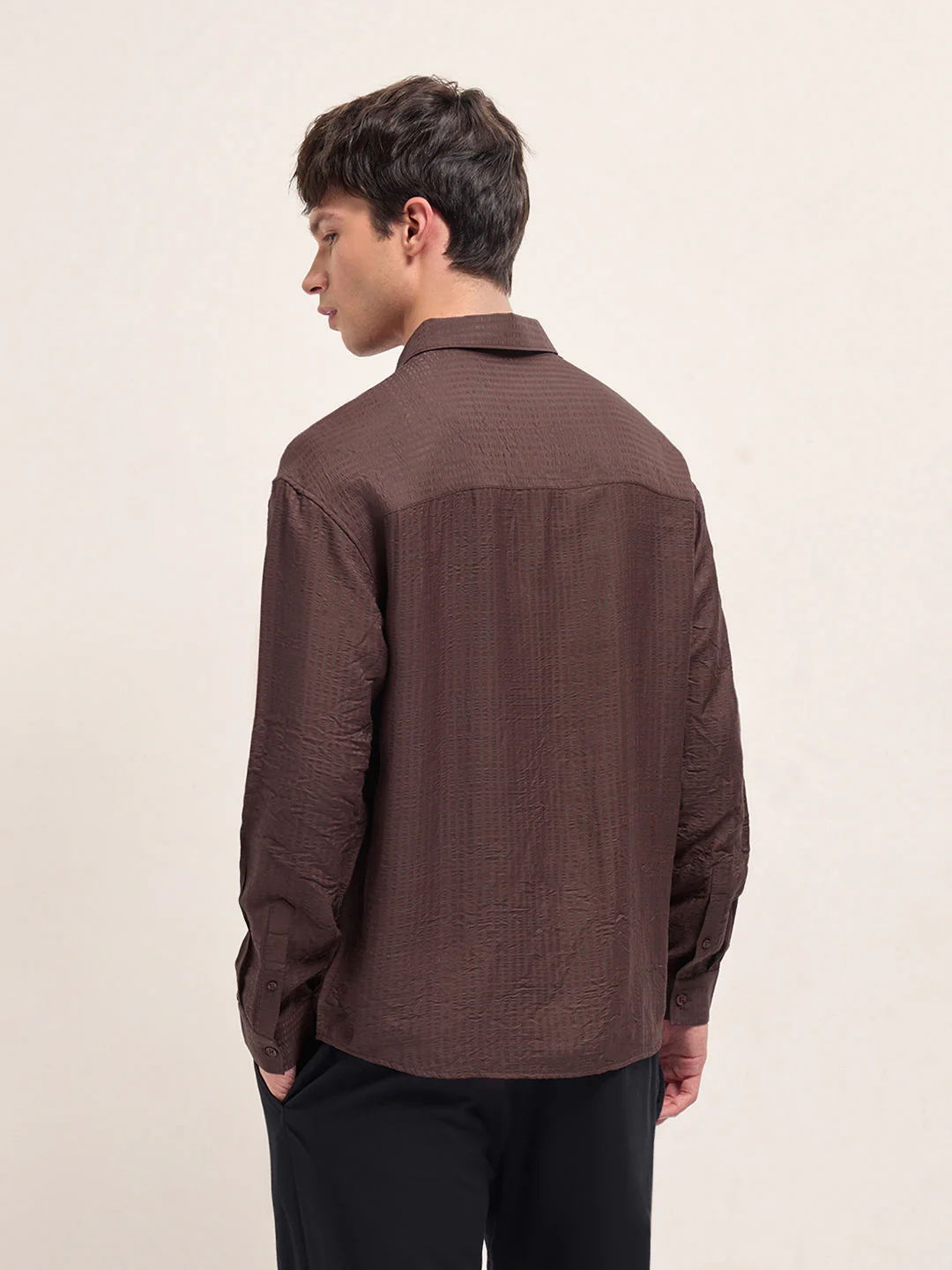 Men Maroon Crinkled Stripe Textured Relaxed Fit Long Sleeve Shirt - Image 2