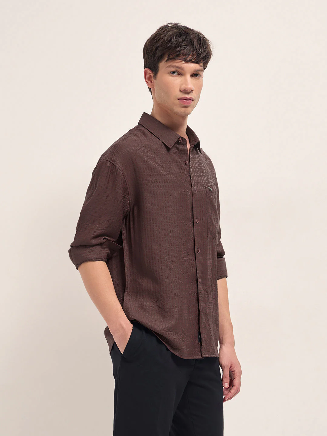Men Maroon Crinkled Stripe Textured Relaxed Fit Long Sleeve Shirt - Image 3