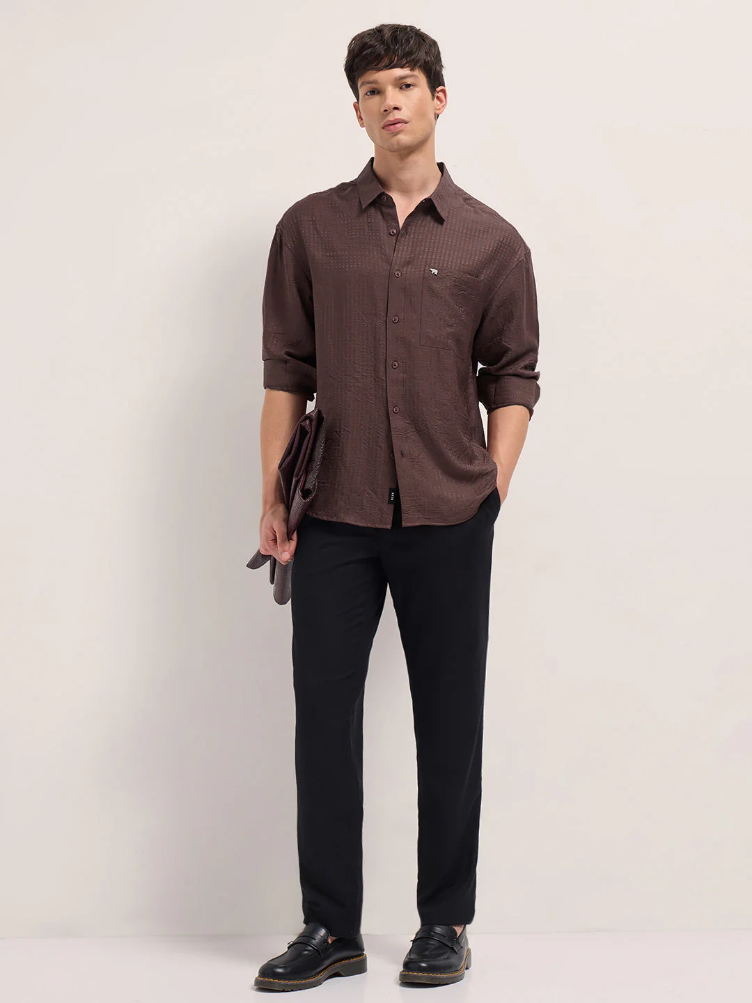 Men Maroon Crinkled Stripe Textured Relaxed Fit Long Sleeve Shirt - Image 4