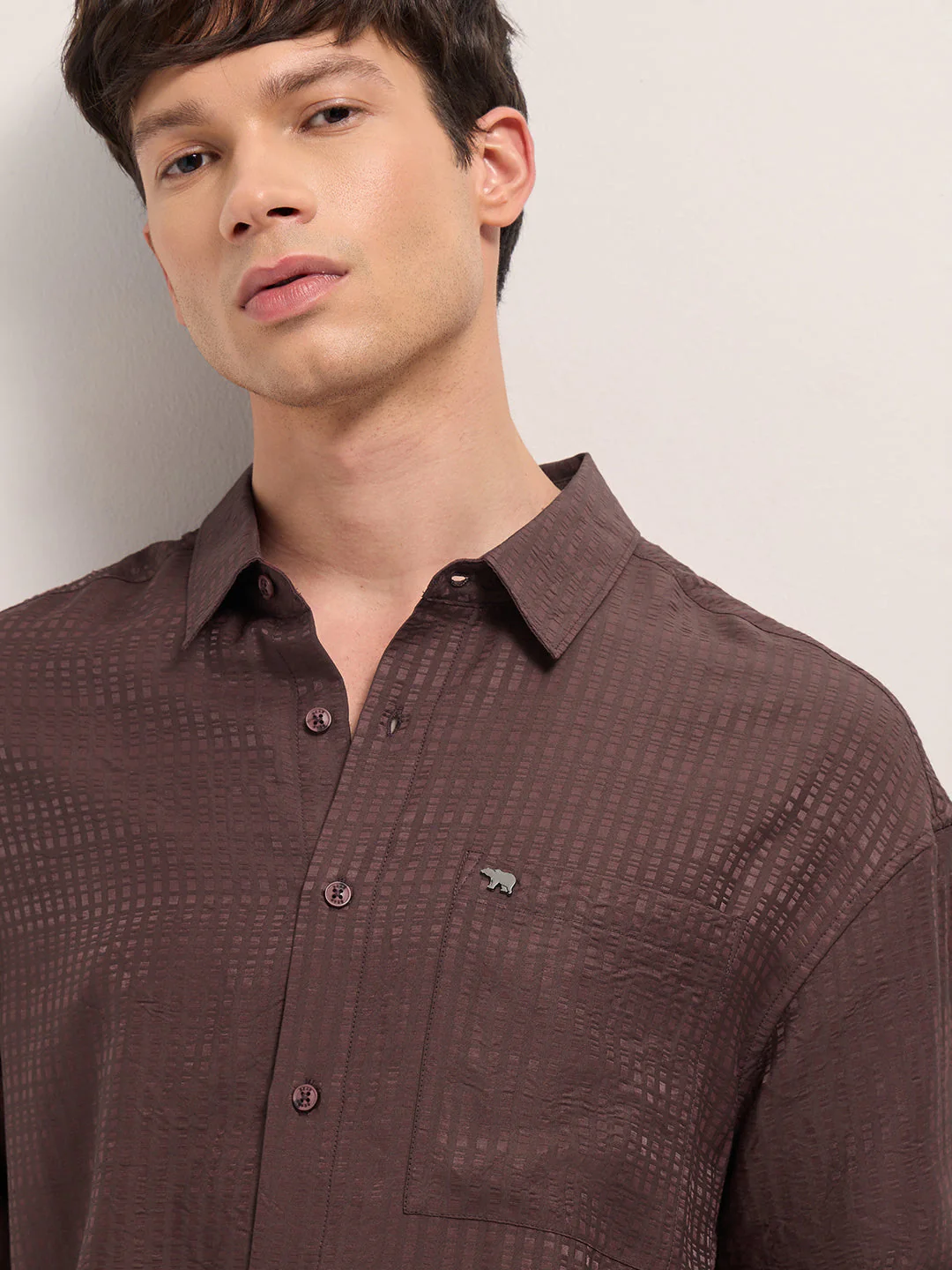 Men Maroon Crinkled Stripe Textured Relaxed Fit Long Sleeve Shirt - Image 5