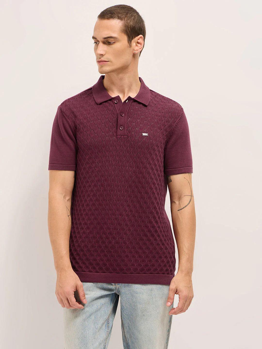 Men Maroon Diamond Textured Flat Knit Slim Fit Polo - Image 6