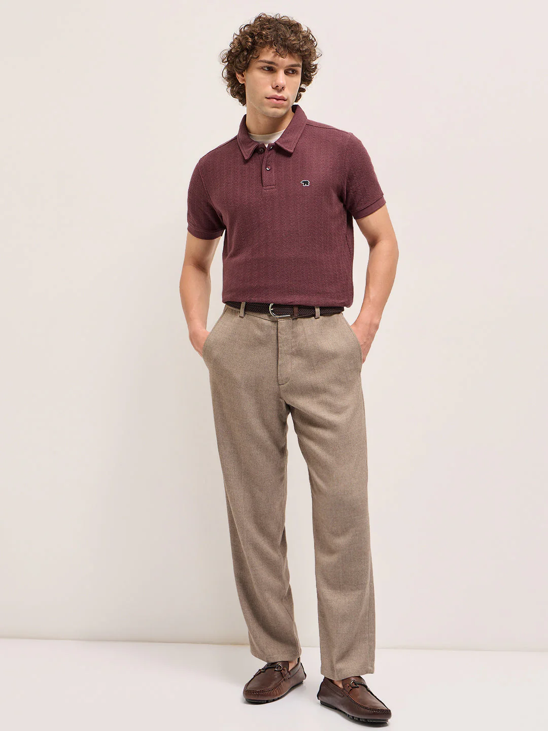 Men Maroon Geometric Textured Design Regular Fit Polo - Image 4