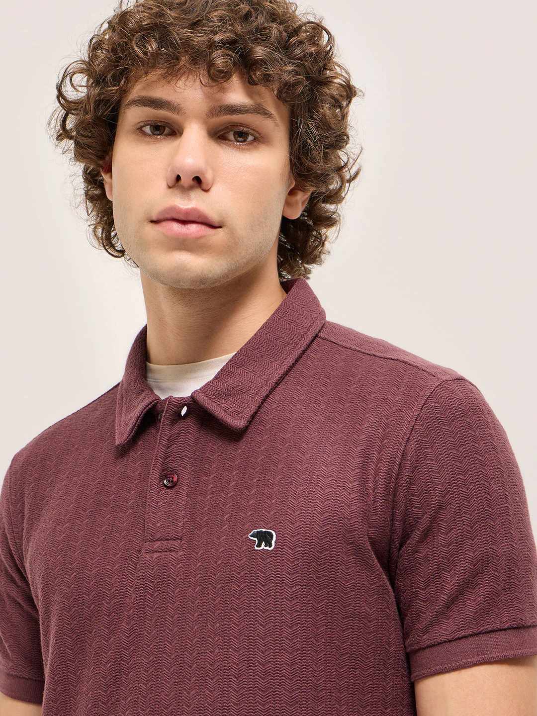 Men Maroon Geometric Textured Design Regular Fit Polo - Image 5