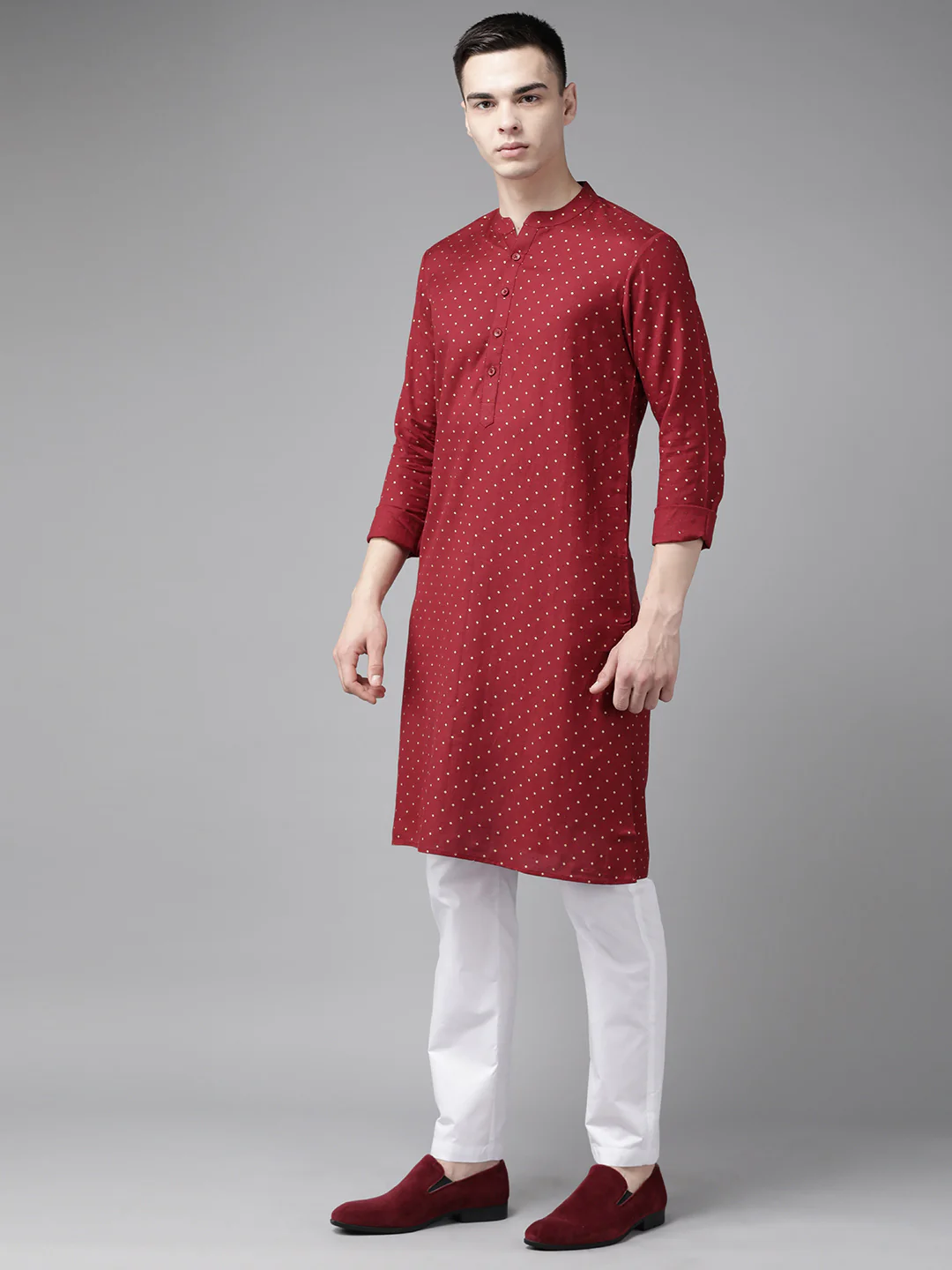 Men Maroon & Gold Printed Straight Kurta - Image 4
