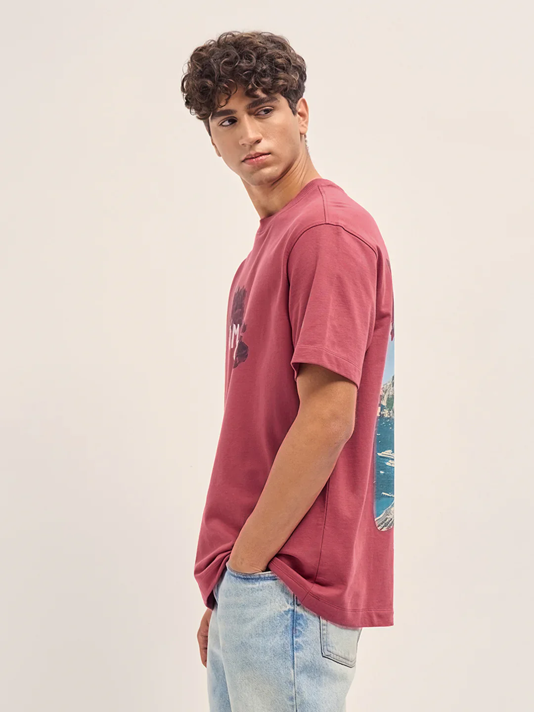 Men Maroon Graphic Back Print Oversized T-Shirt - Image 5