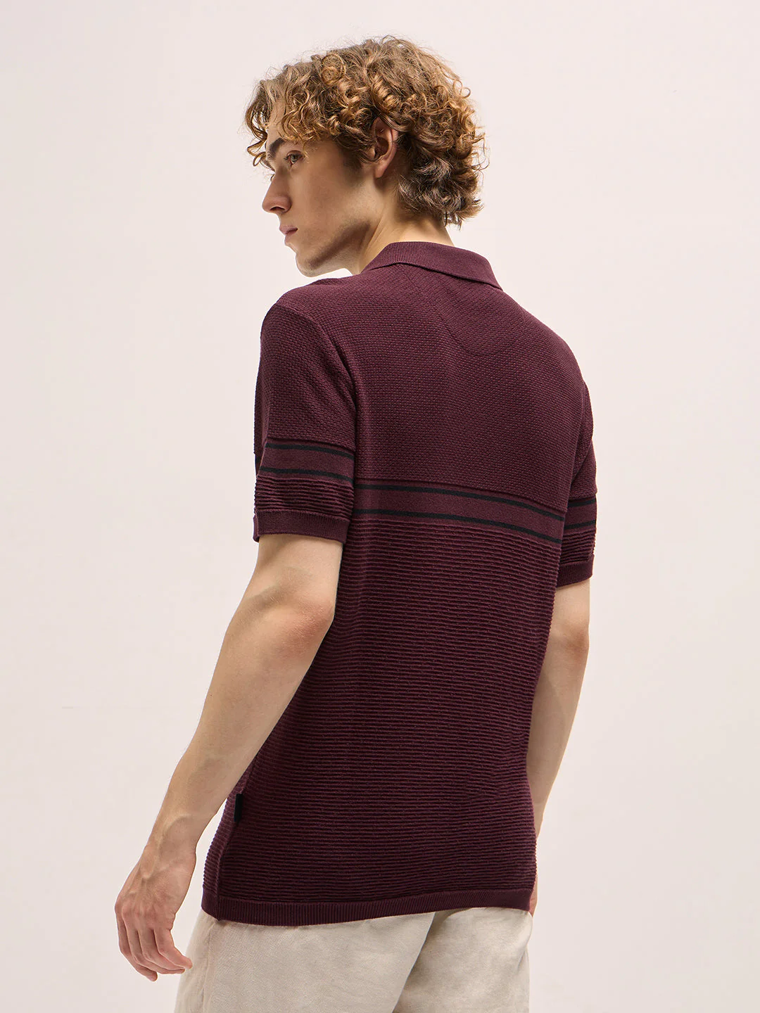 Men Maroon Horizontal Textured Knit Regular Fit Polo T-shirt - Image 2