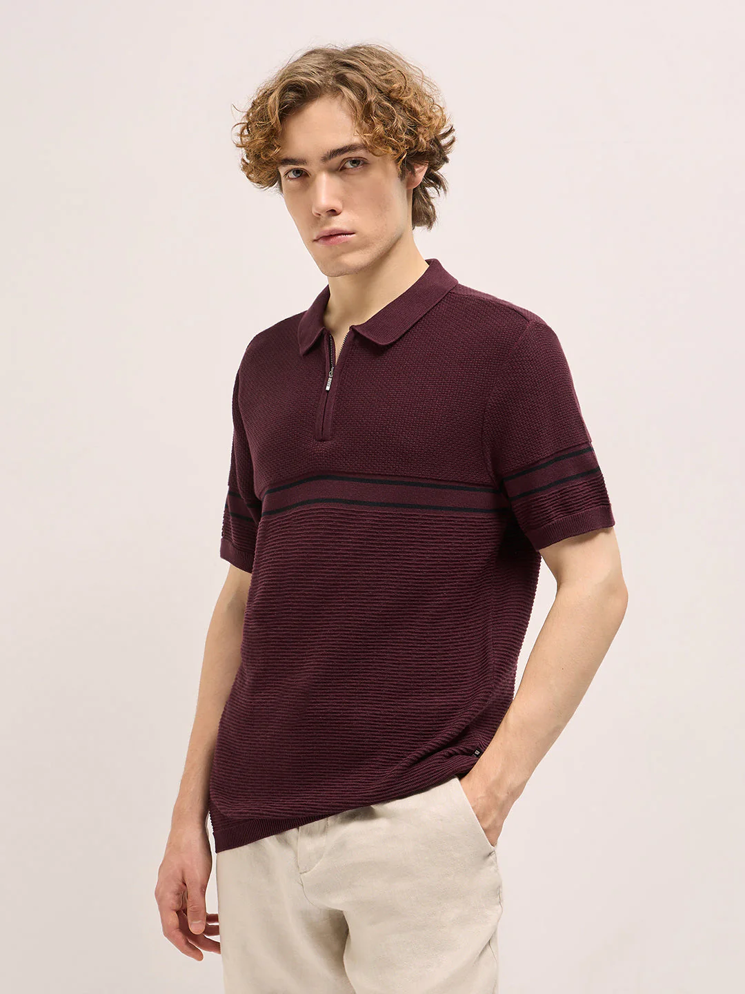 Men Maroon Horizontal Textured Knit Regular Fit Polo T-shirt - Image 3