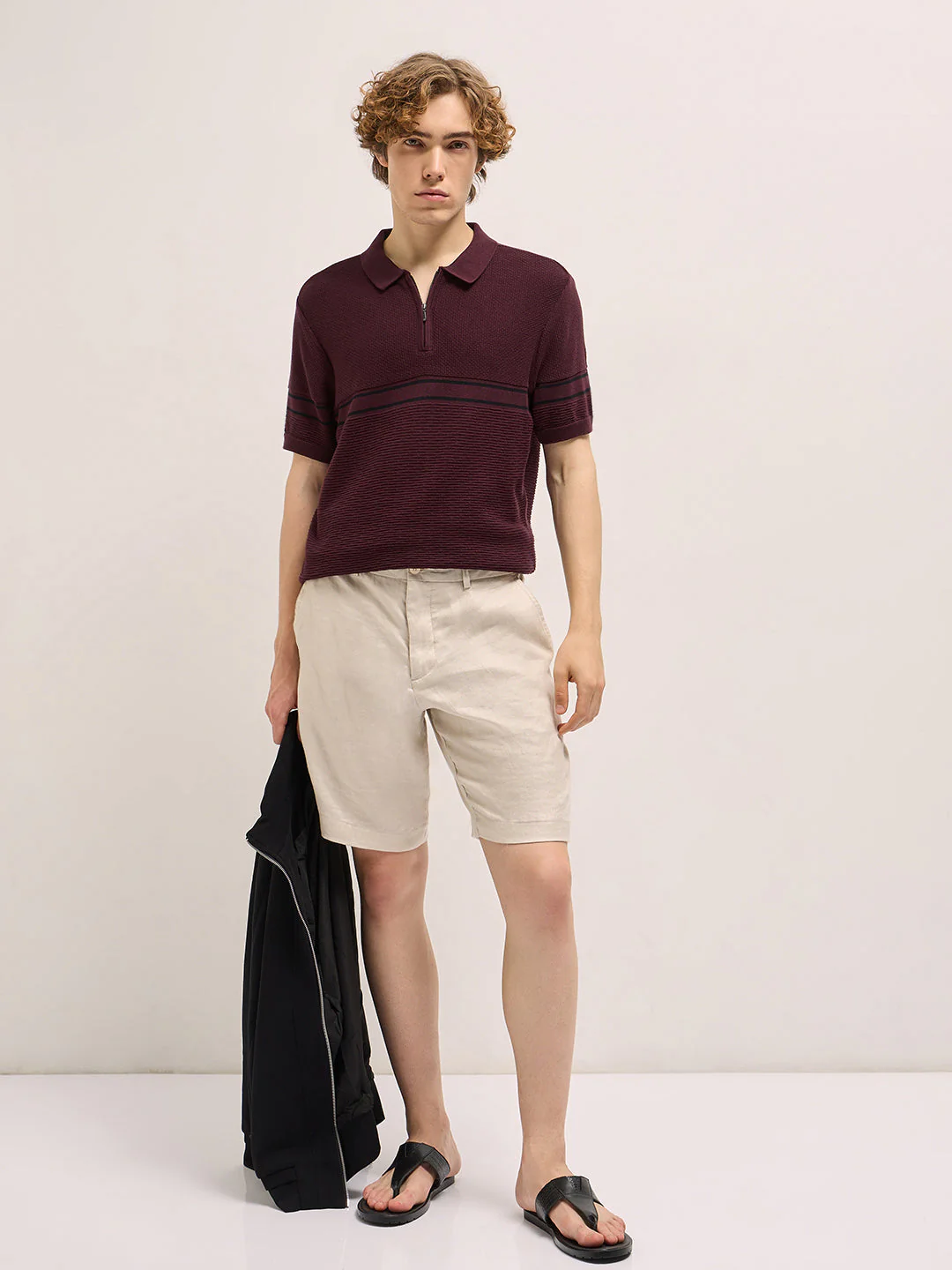 Men Maroon Horizontal Textured Knit Regular Fit Polo T-shirt - Image 4