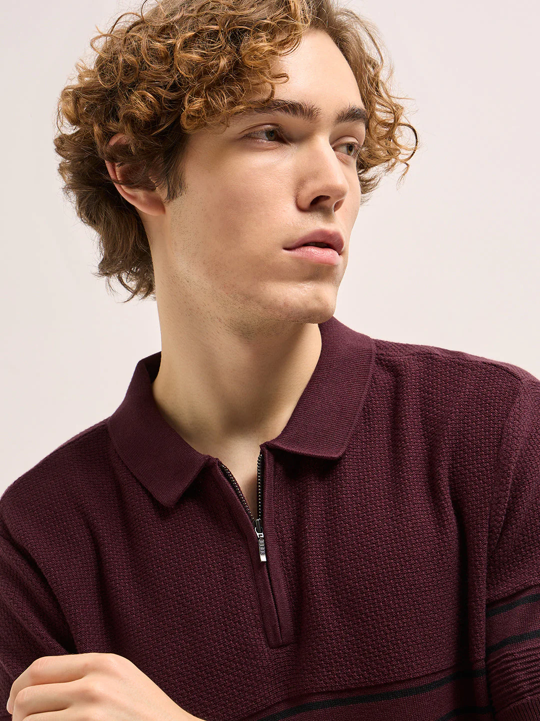 Men Maroon Horizontal Textured Knit Regular Fit Polo T-shirt - Image 5