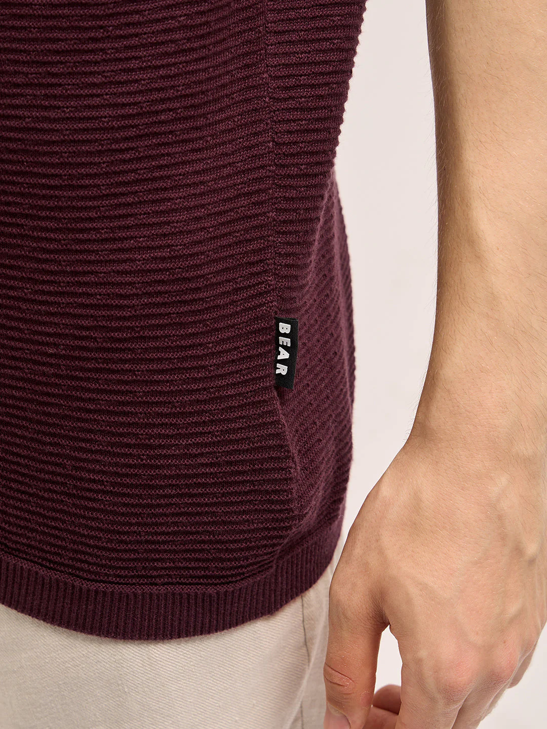 Men Maroon Horizontal Textured Knit Regular Fit Polo T-shirt - Image 6