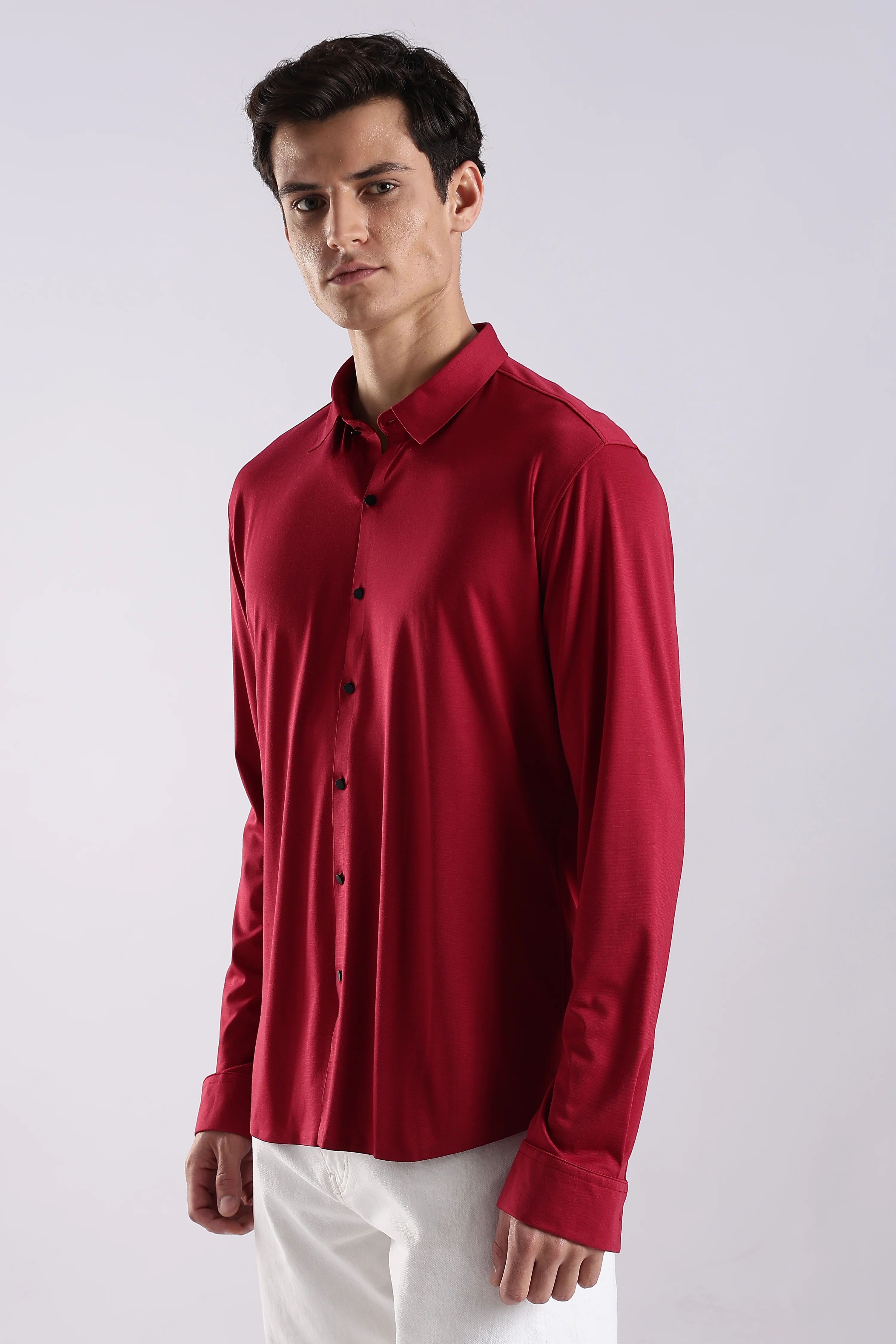 Men Maroon Knitted Slim Fit Shirt - Image 3