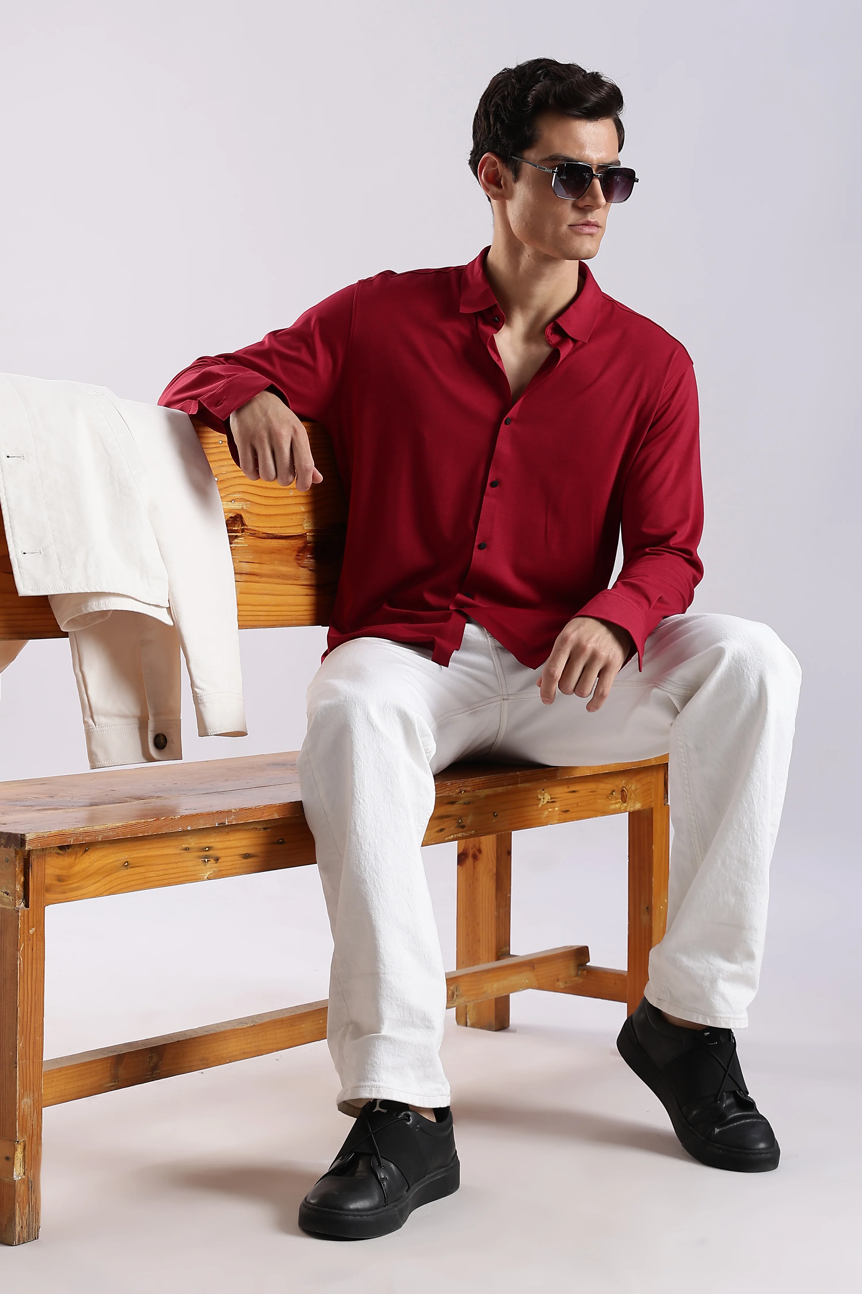 Men Maroon Knitted Slim Fit Shirt - Image 5