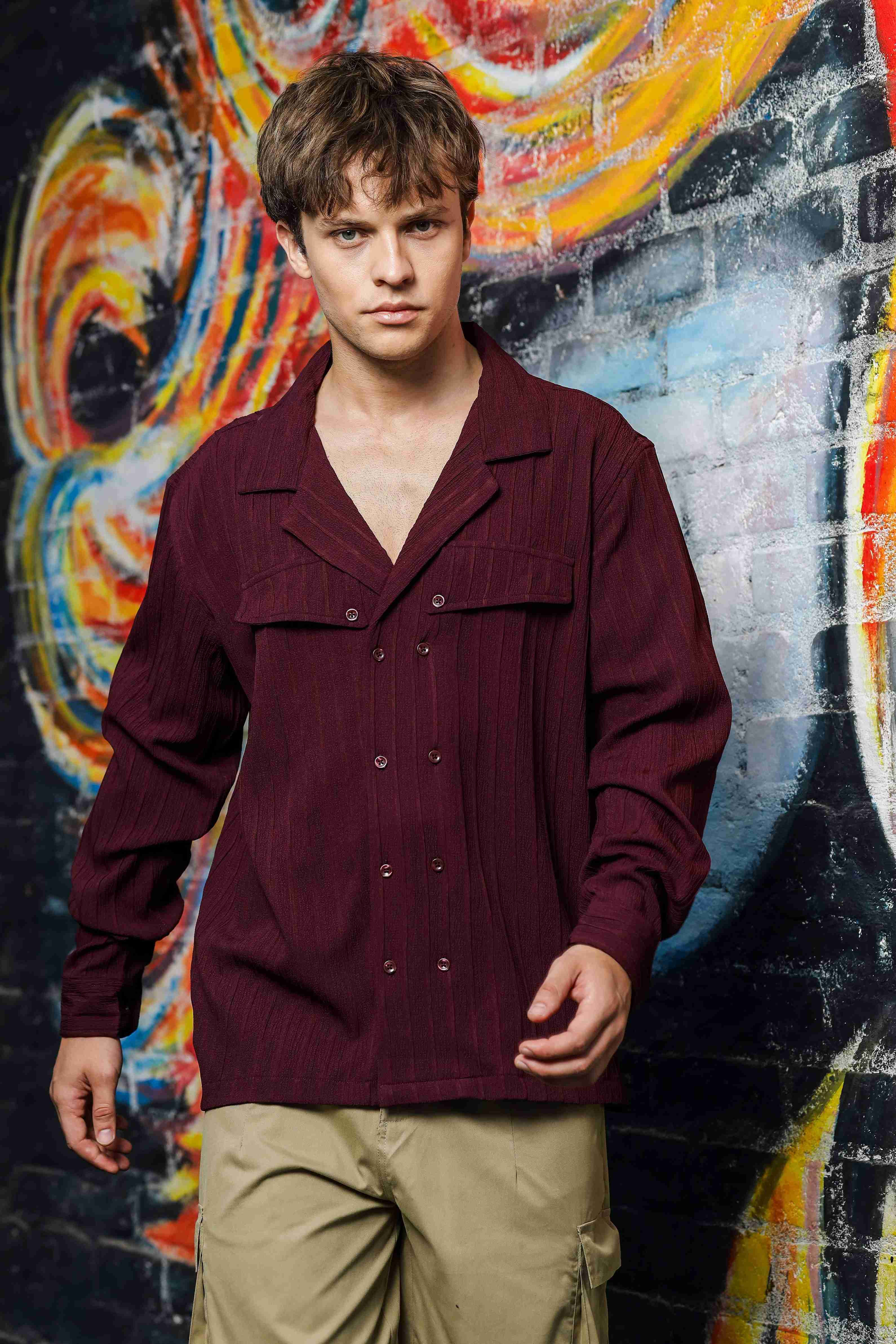 Men Maroon Korean Shirt - Image 2