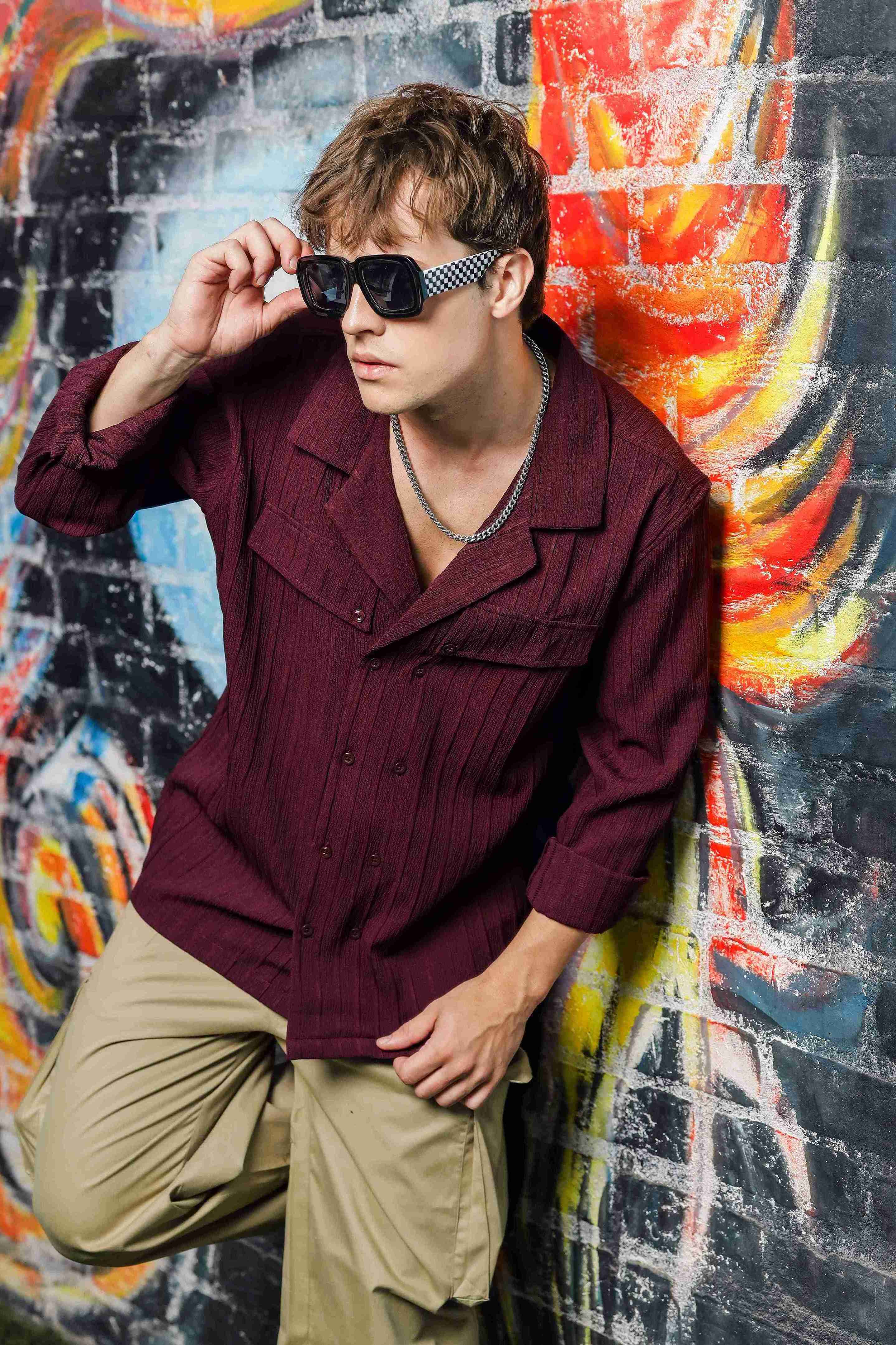 Men Maroon Korean Shirt - Image 4