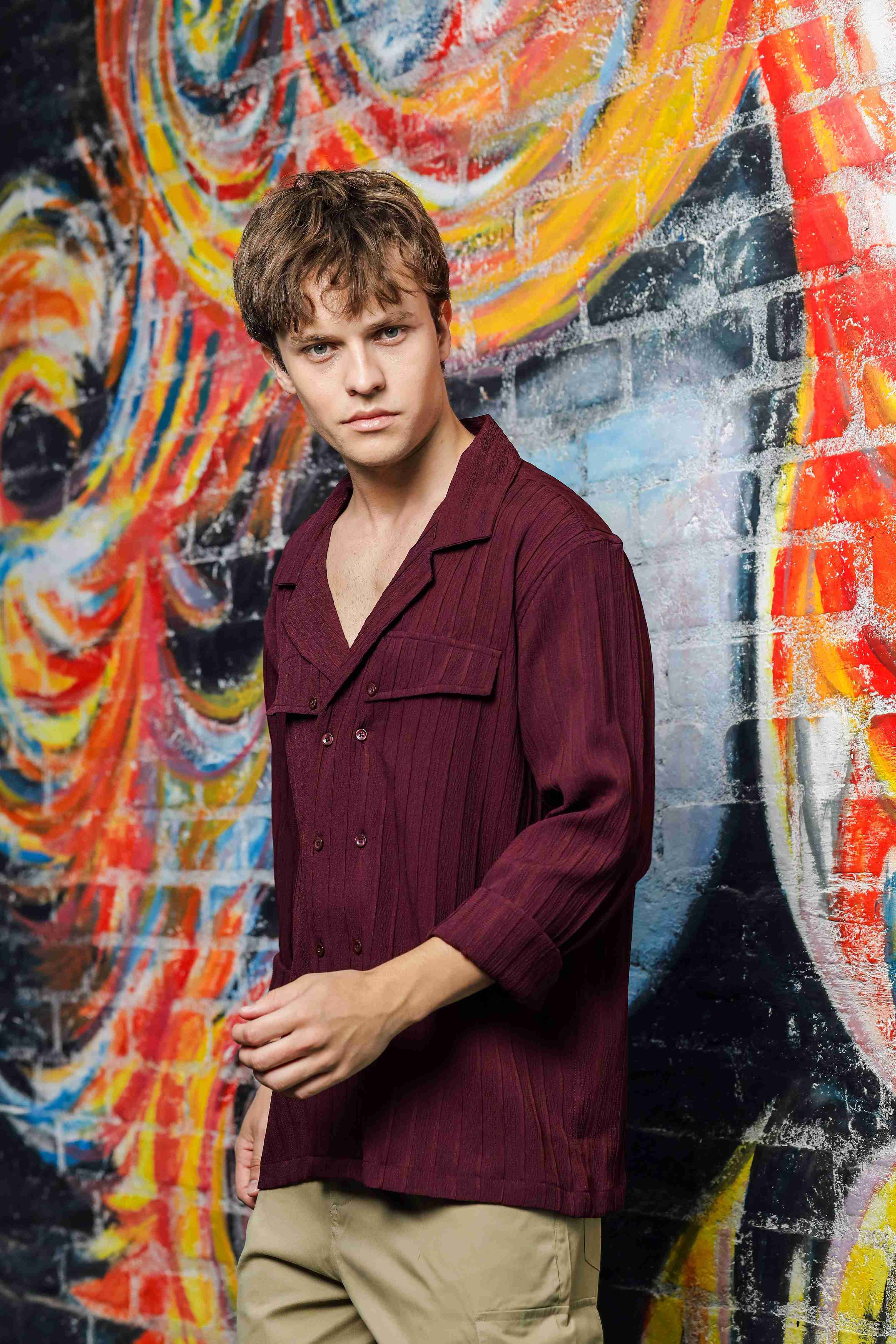 Men Maroon Korean Shirt - Image 5