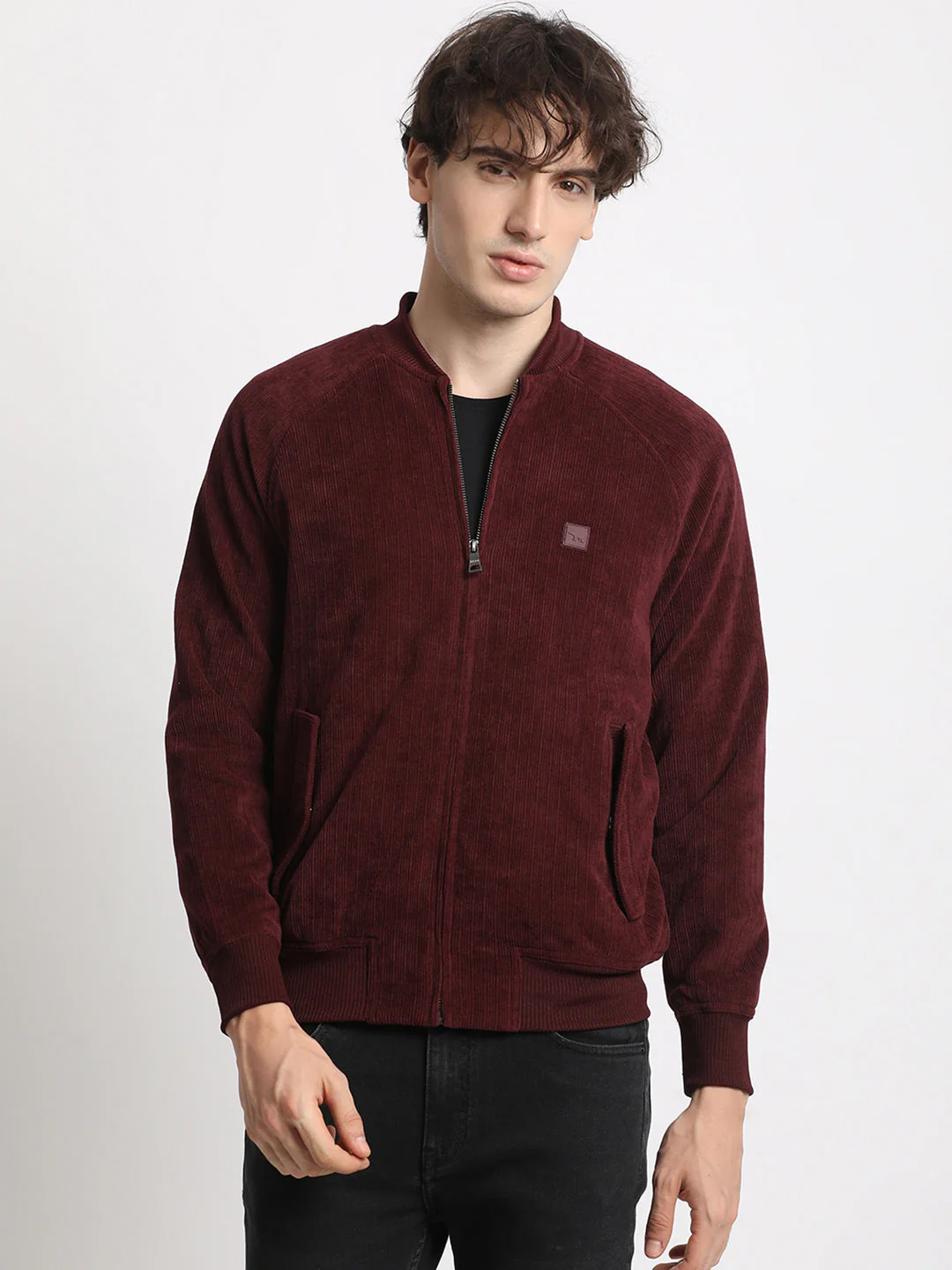 Men  Maroon Lightweight Bomber Jacket - Image 2