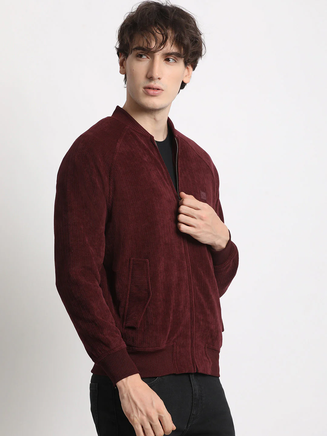 Men  Maroon Lightweight Bomber Jacket - Image 3