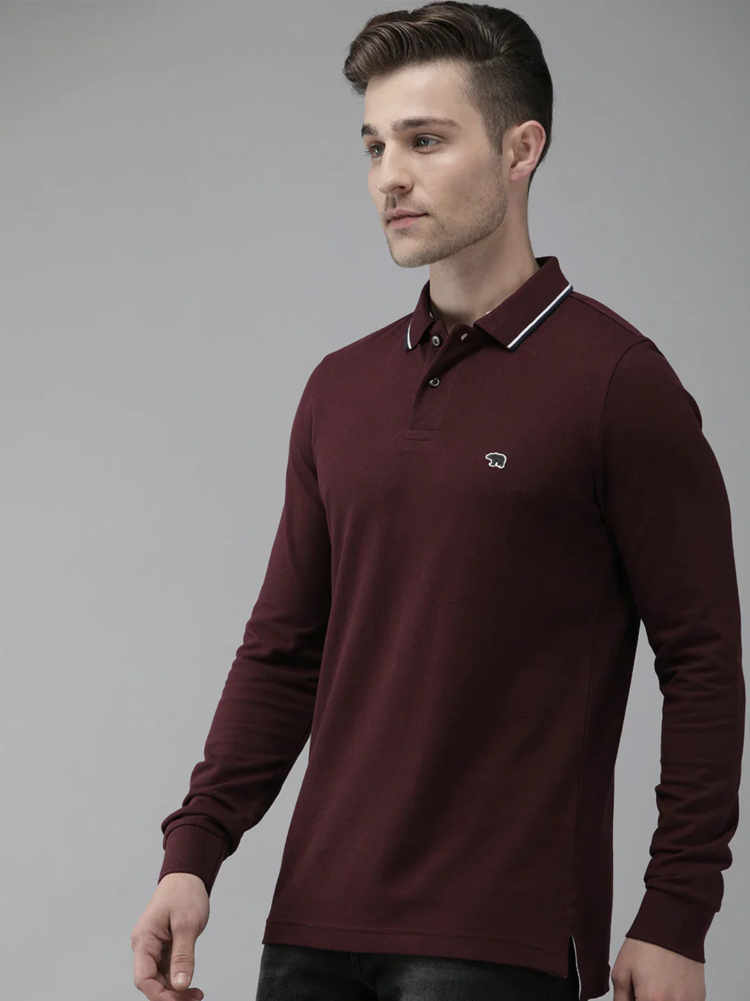 Men  Maroon Long Sleeves Pique Polo - Image 2