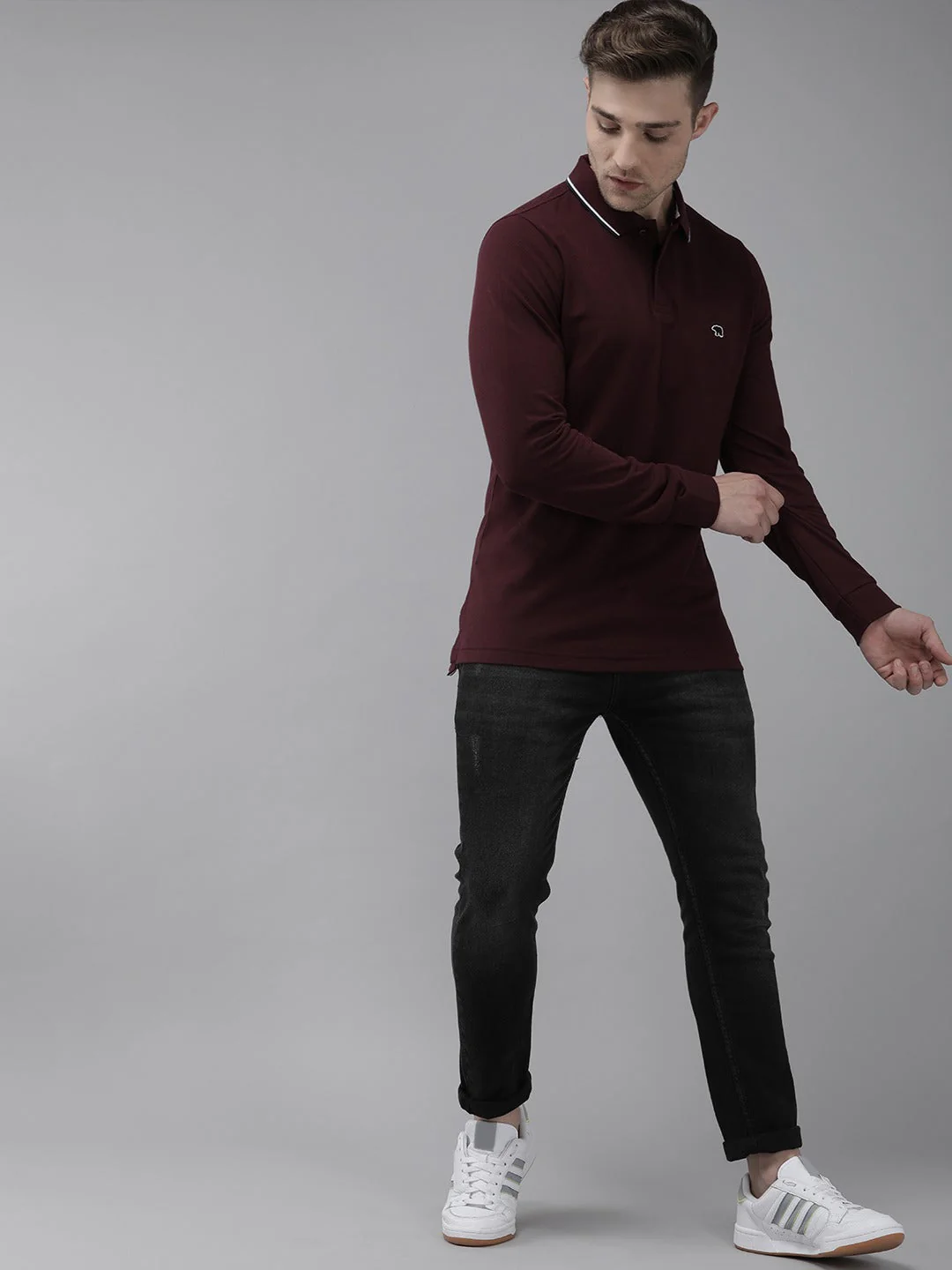 Men  Maroon Long Sleeves Pique Polo - Image 4