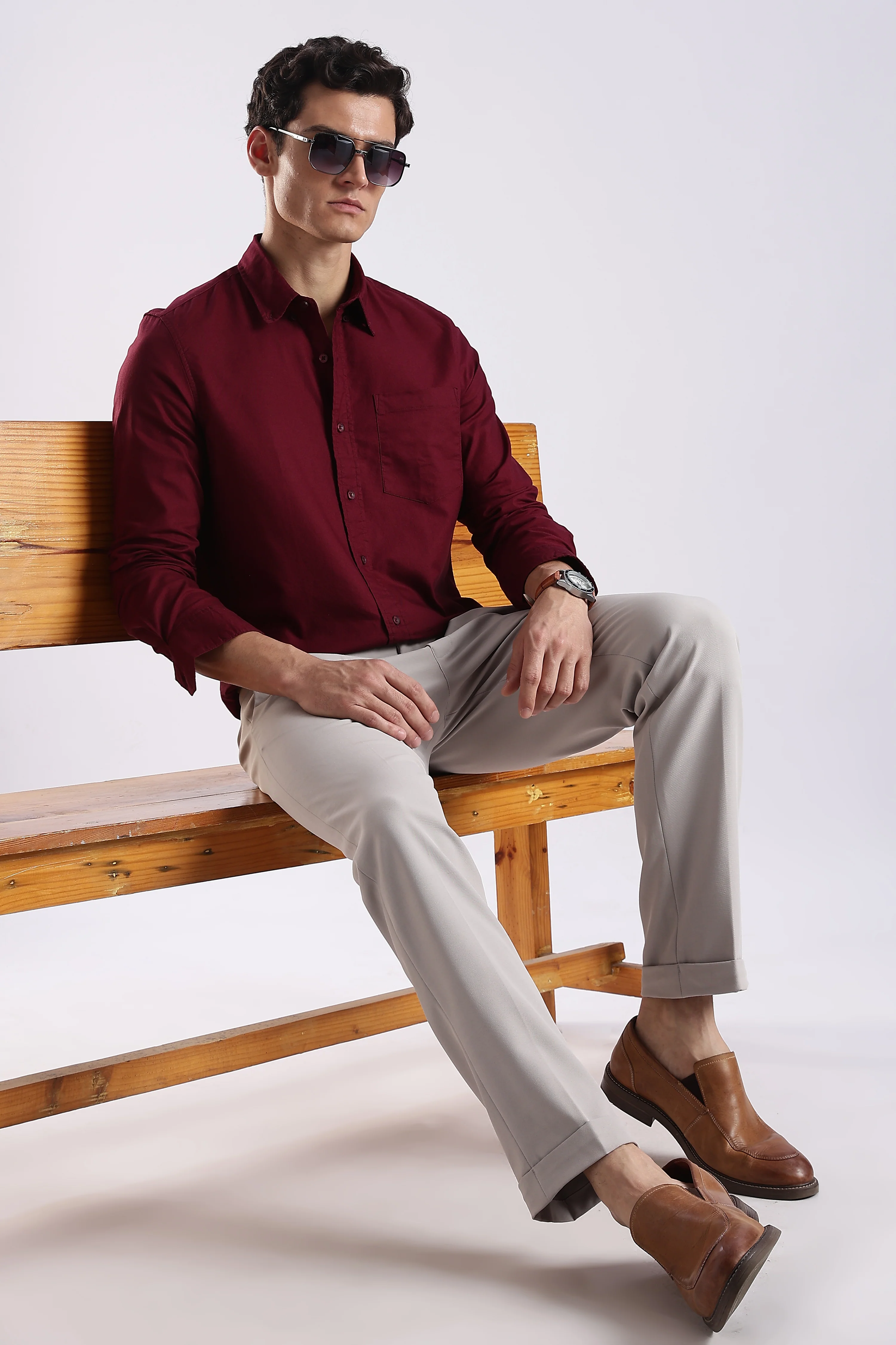 Men Maroon Oxford Solid Shirt - Image 10