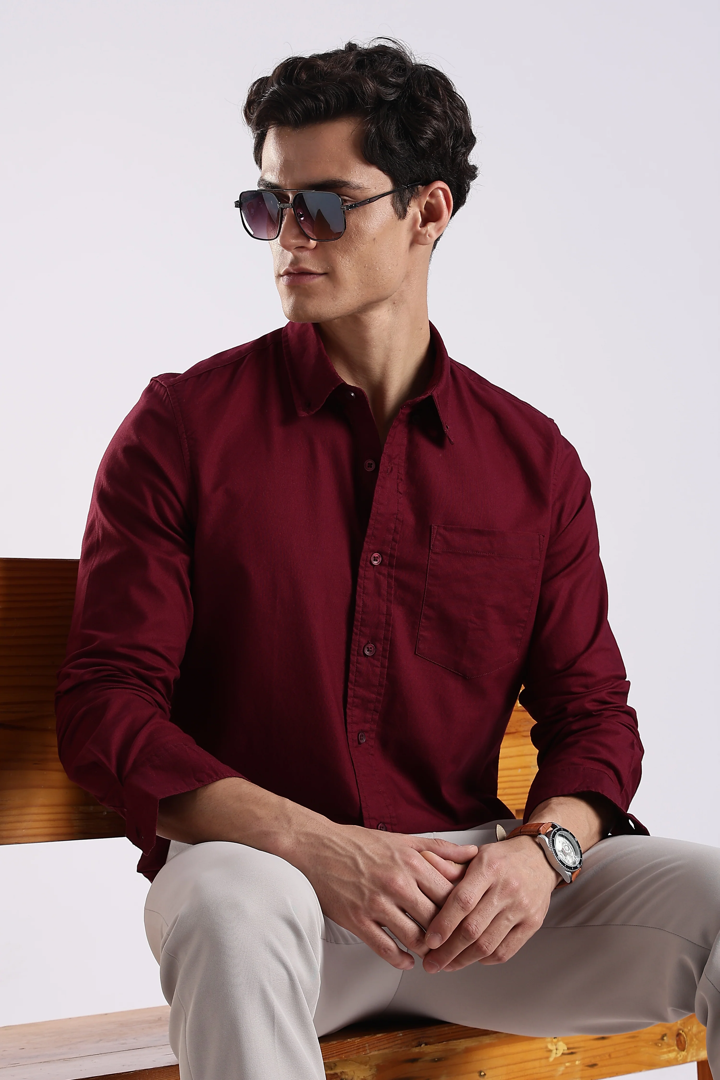 Men Maroon Oxford Solid Shirt - Image 11