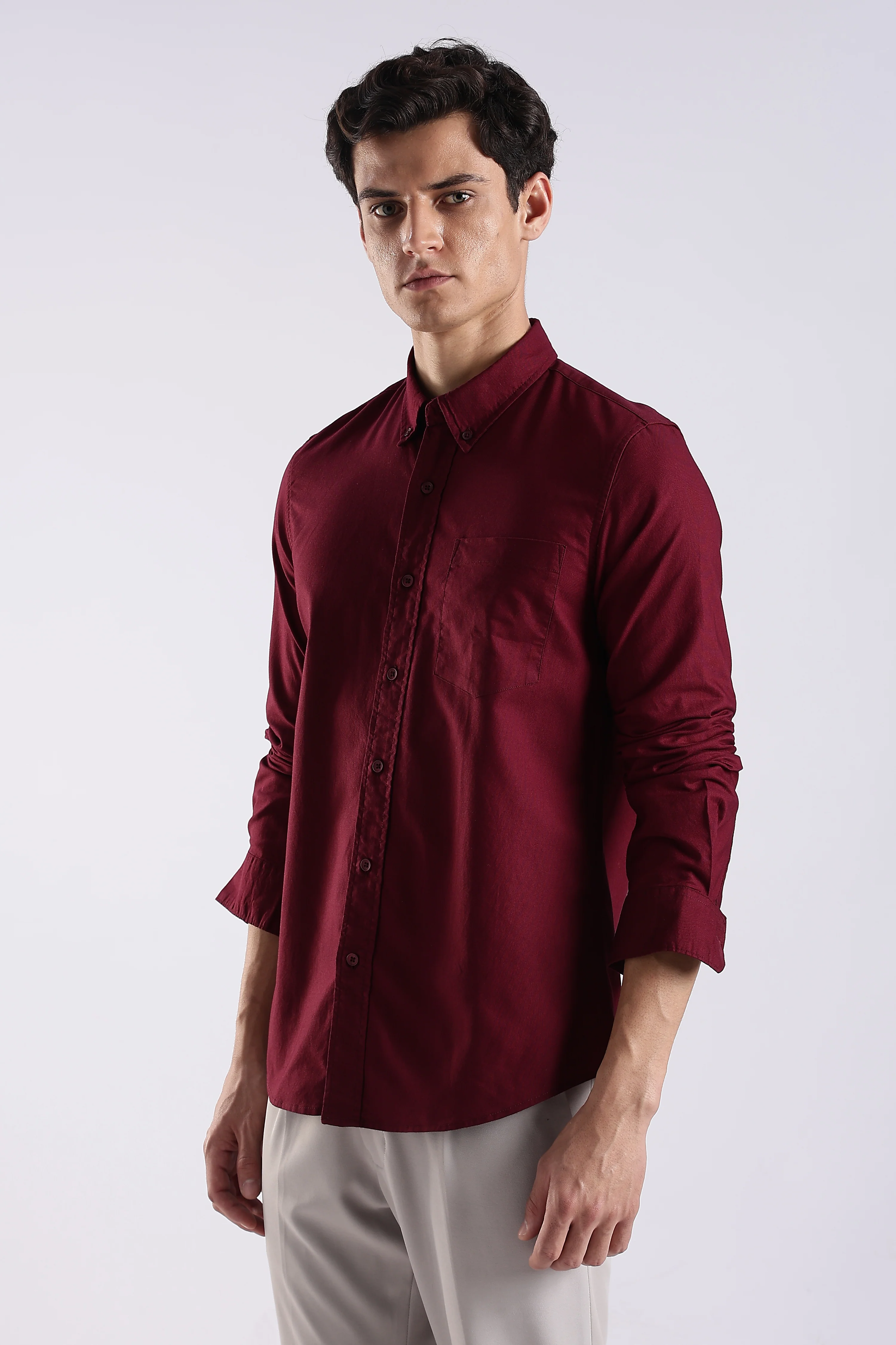 Men Maroon Oxford Solid Shirt - Image 3