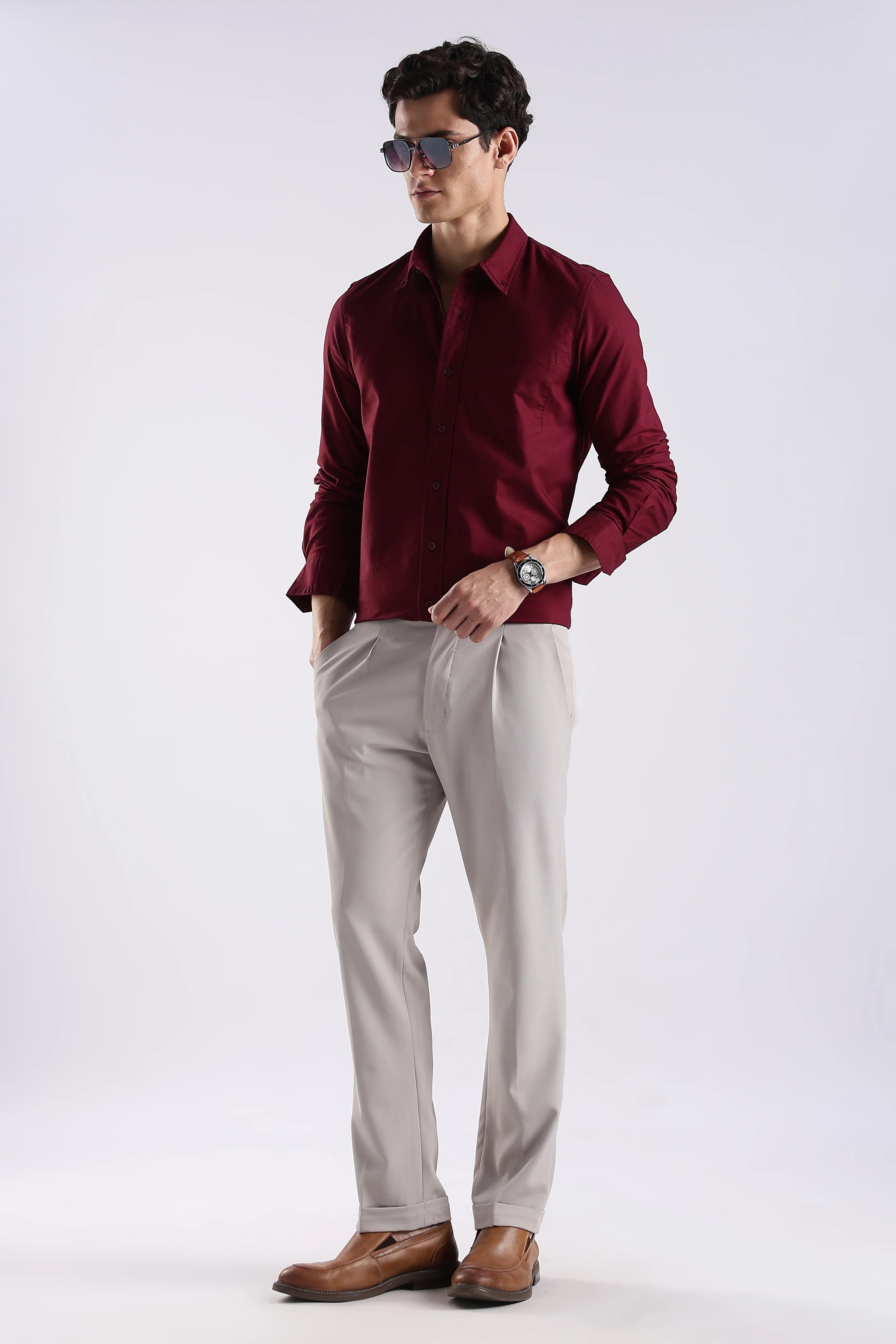Men Maroon Oxford Solid Shirt - Image 7