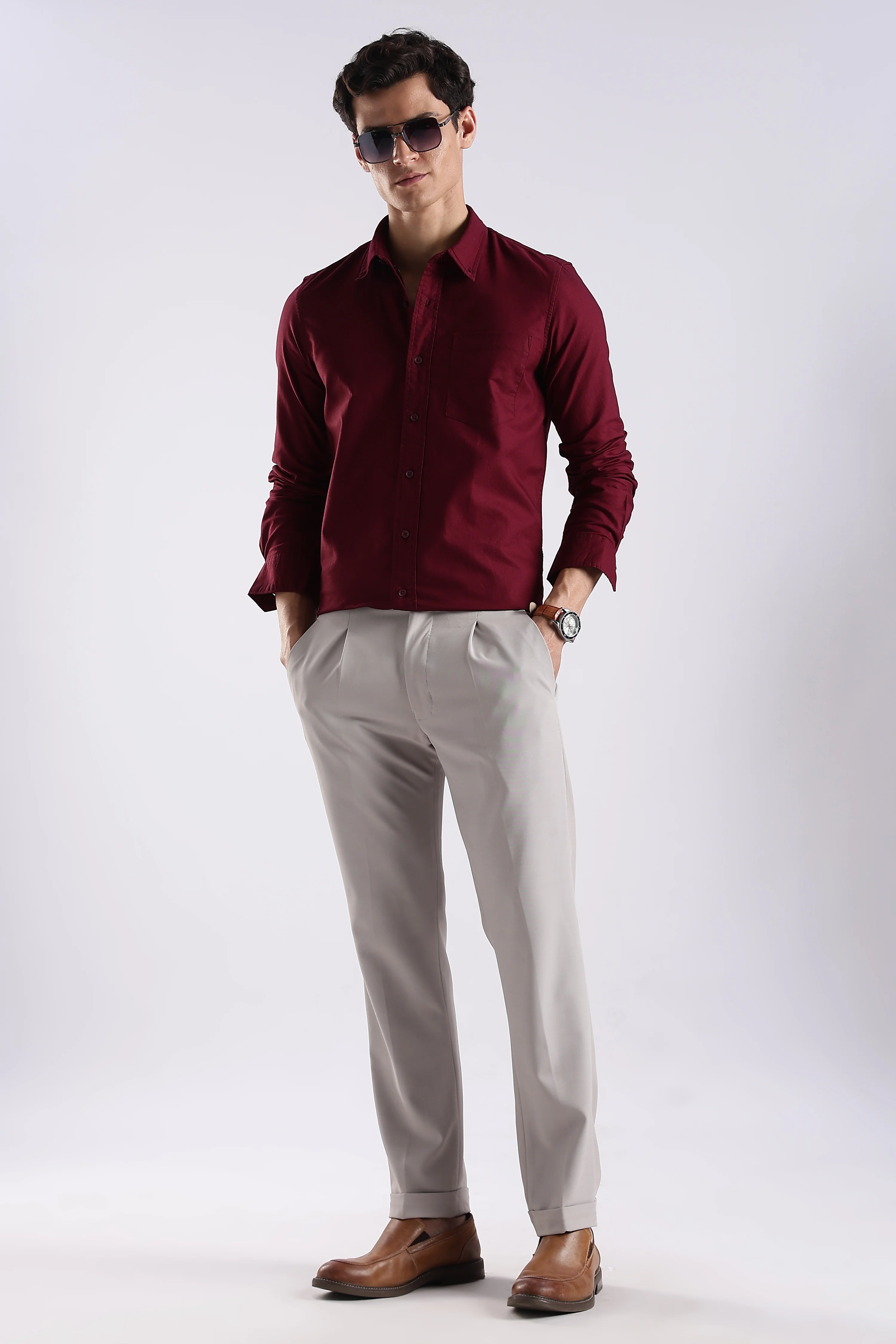 Men Maroon Oxford Solid Shirt - Image 9