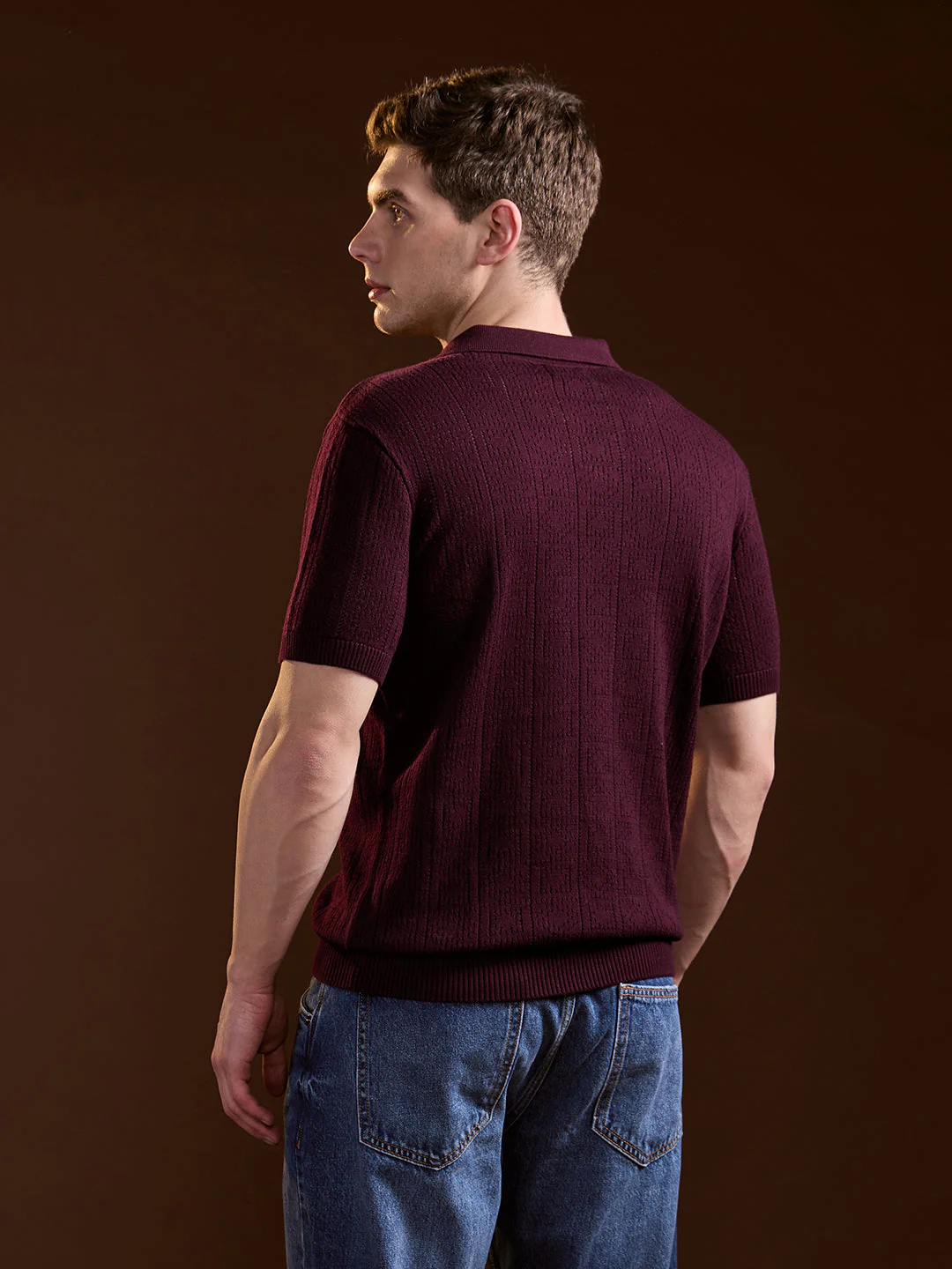 Men Maroon Perforated Texture Design Slim Fit Polo - Image 2