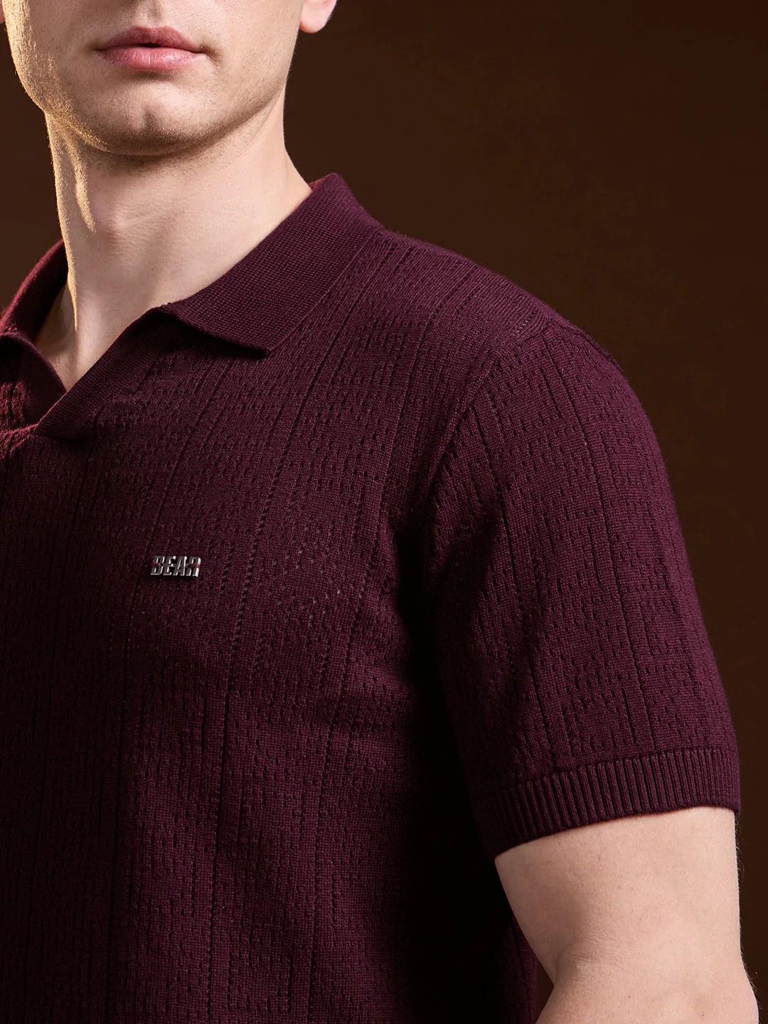 Men Maroon Perforated Texture Design Slim Fit Polo - Image 5