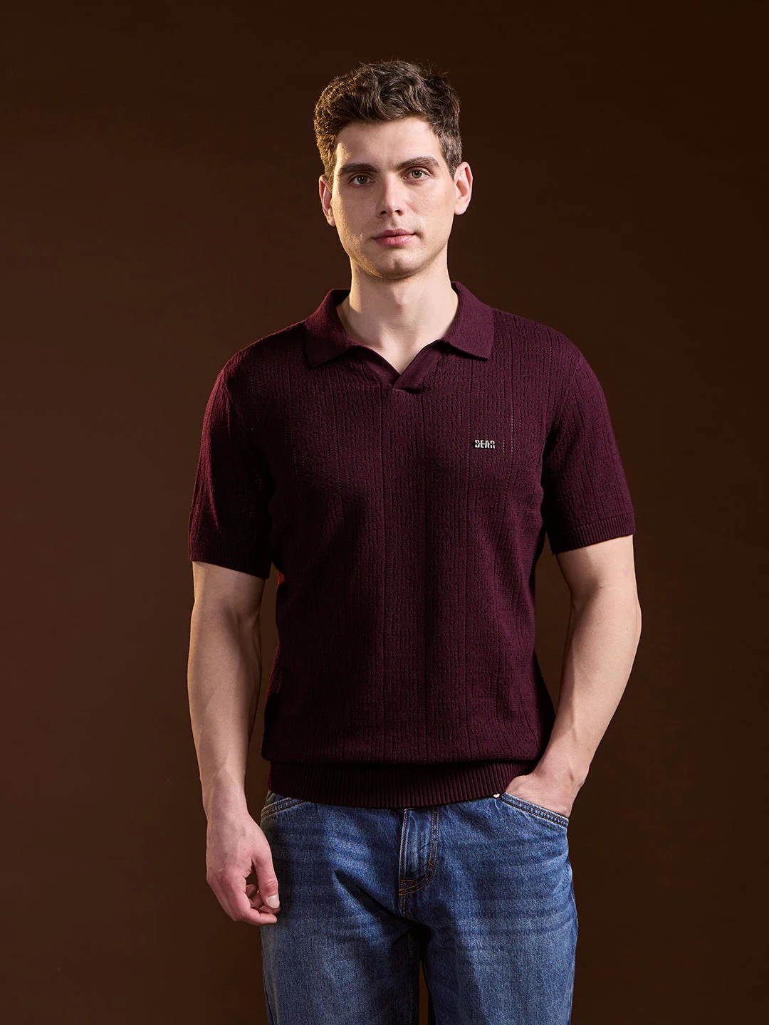 Men Maroon Perforated Texture Design Slim Fit Polo - Image 6