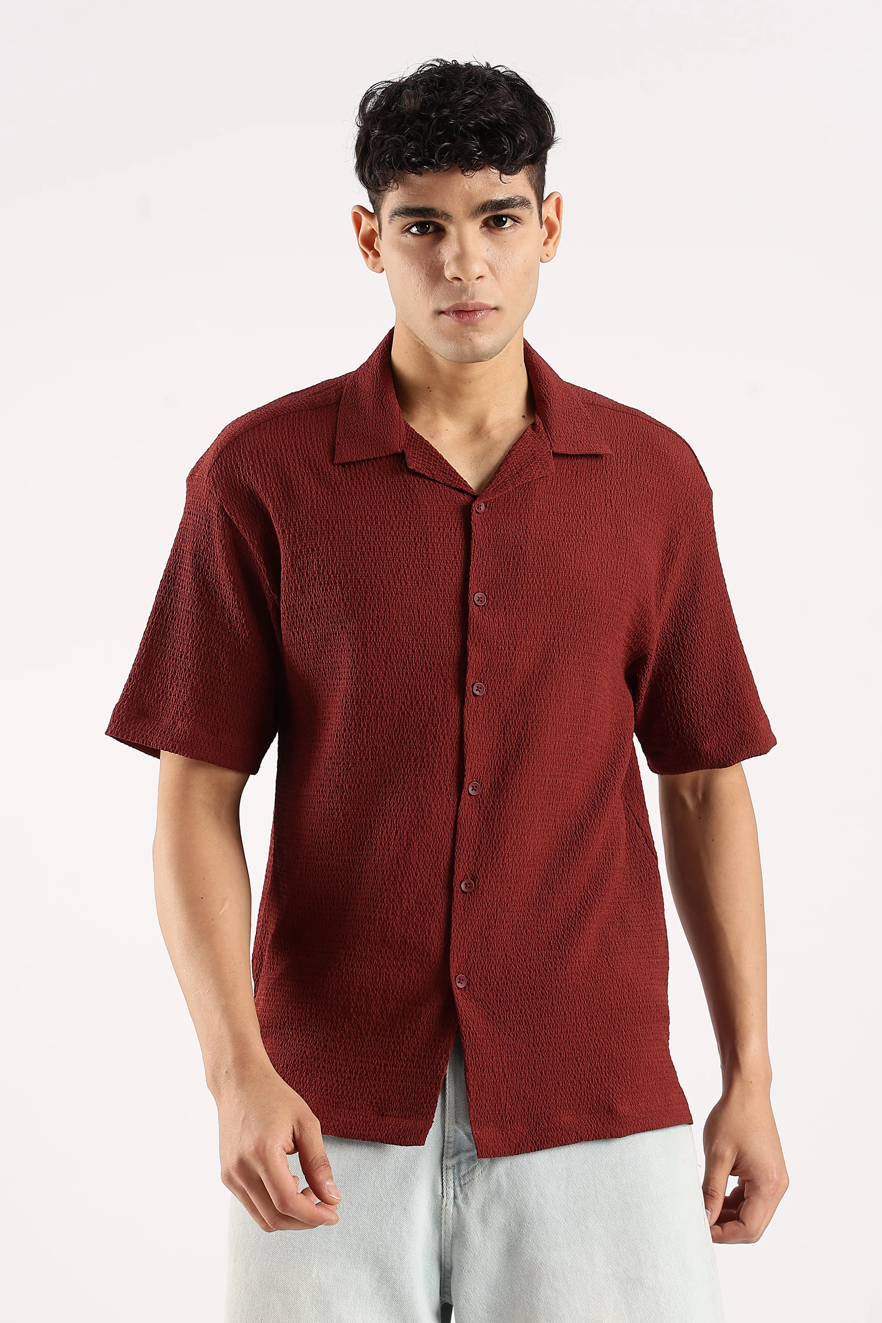 Men Maroon Poly Textured Shirt
